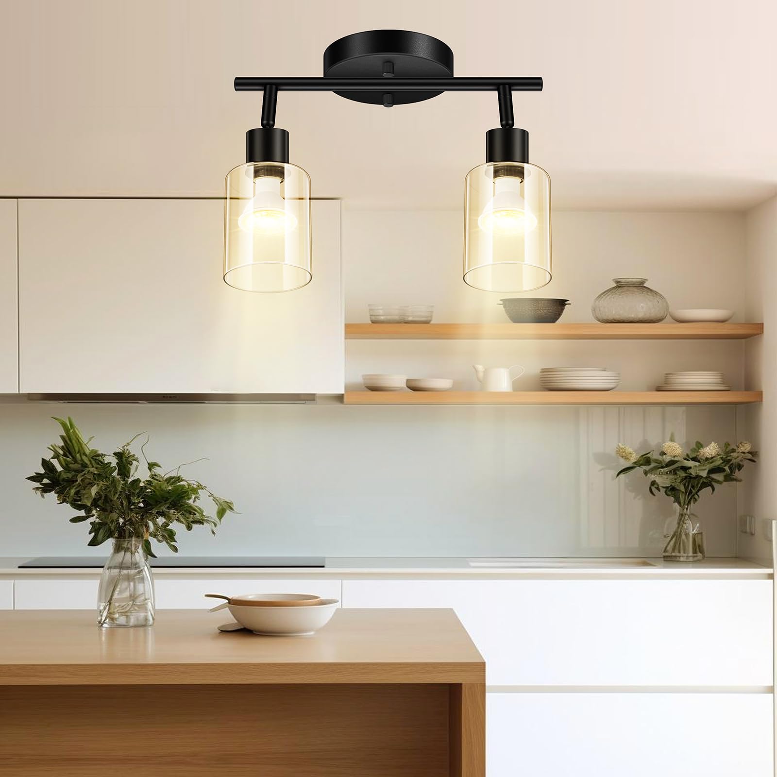 4 Light Led Track Light,Glass Lightshade Track Lighting Kits,4 Way Modern Ceiling Spot Lights for Kitchen,Dining Room,Bedroom,Hallway,Flexibly Rotatable Light Head,Black,Not GU10 Bulb