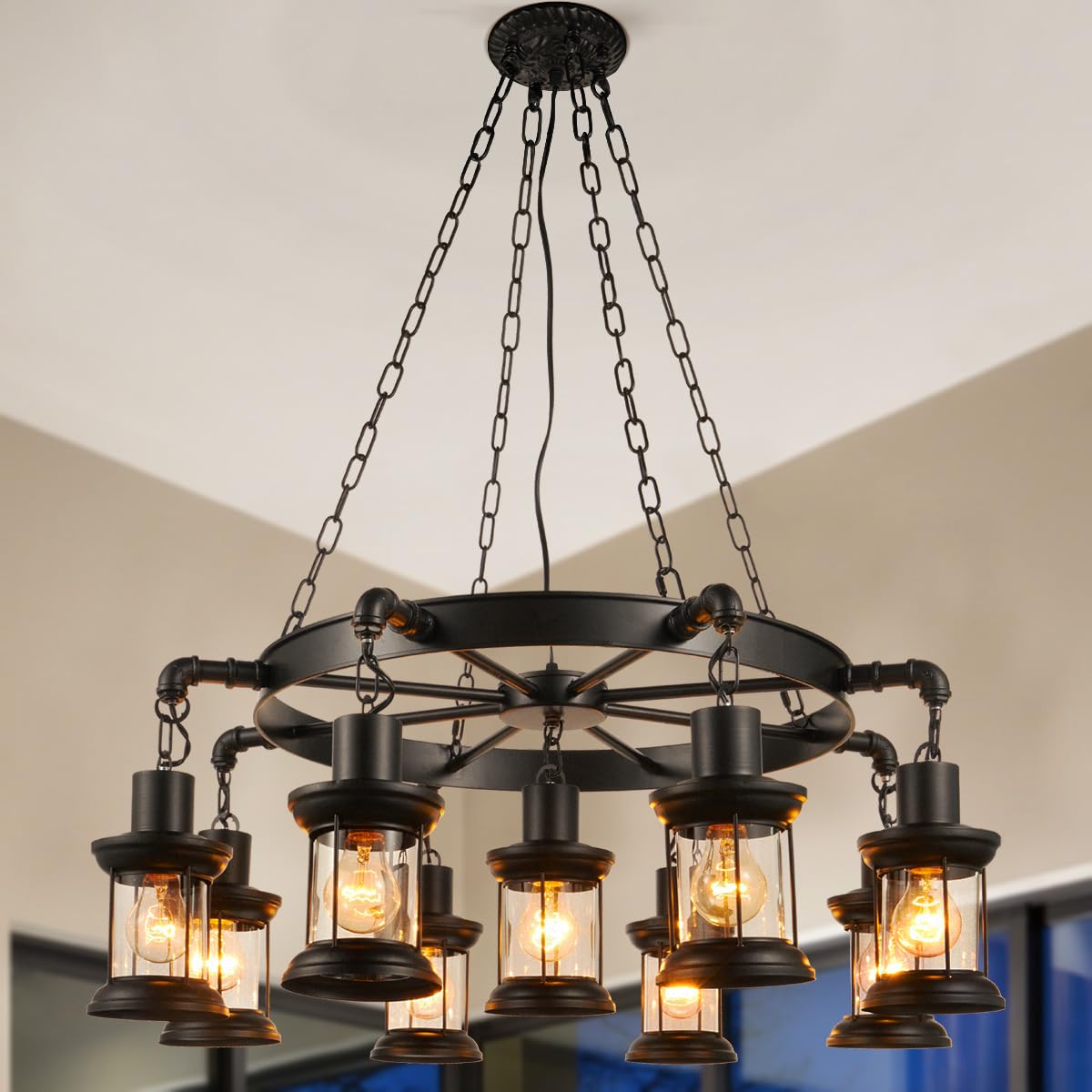 8 Lights Industrial Retro Wooden Chandelier Pendant Light Island Hanging Ceiling Fixture Vintage Farmhouse Wood Light Adjustable Chain for Home Cafe Bar Restaurant (39.4")