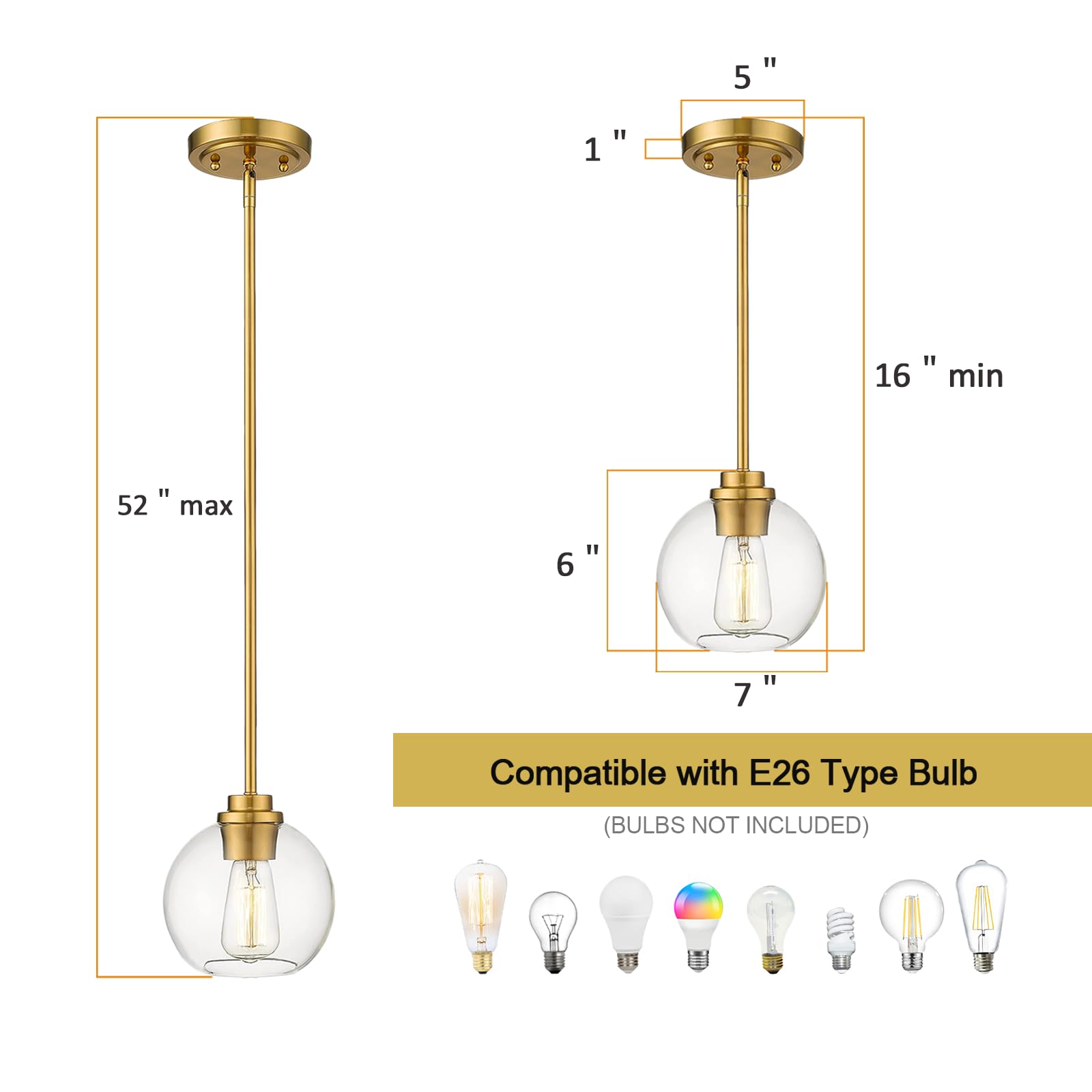 Gold Pendant Light Fixtures,7 Inch Globe Pendant Lights Kitchen Island with Clear Glass, 1 Light Hanging Lights for Kitchen Island, Dining Room, Bedroom, Hallway, Farmhouse