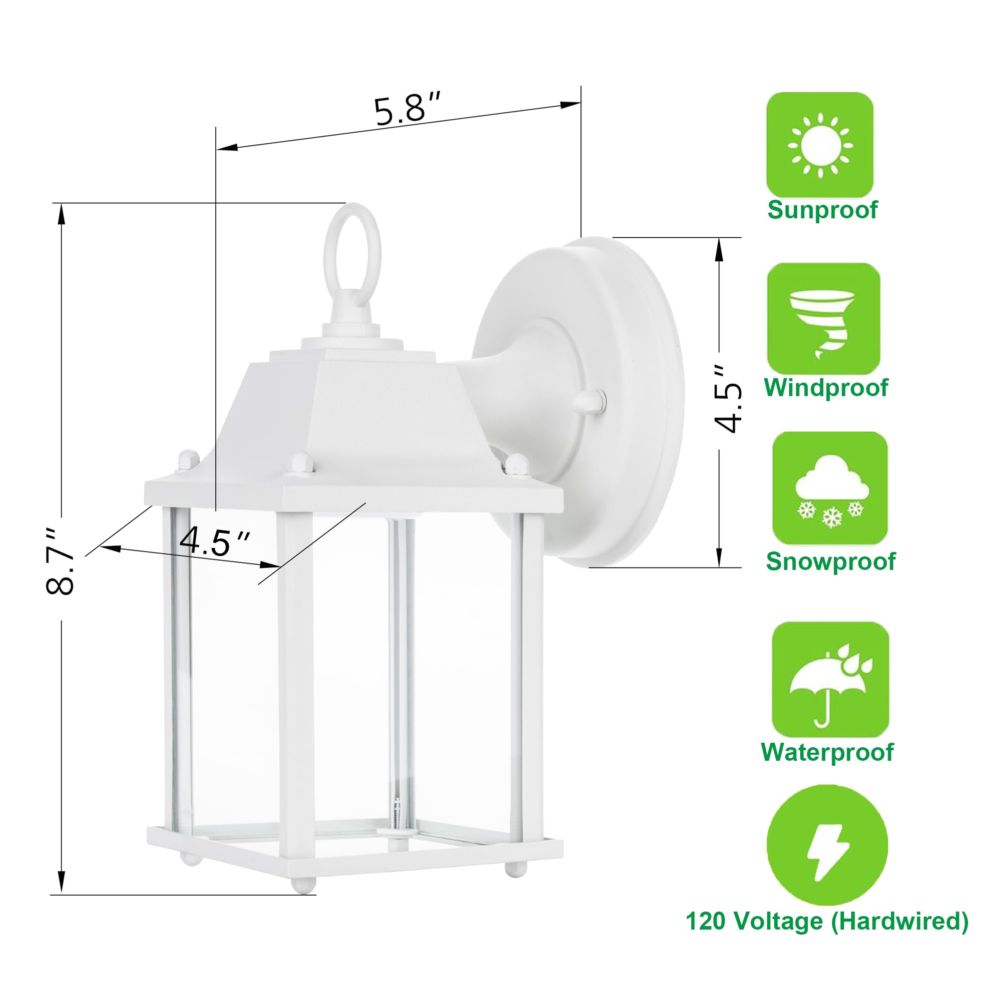 Outdoor LED Wall Lantern, Wall Sconce as Porch Light, 9.5W 800 Lumen, Aluminum Housing Plus Glass, 5000k-Matte White Finish, 2-Pack