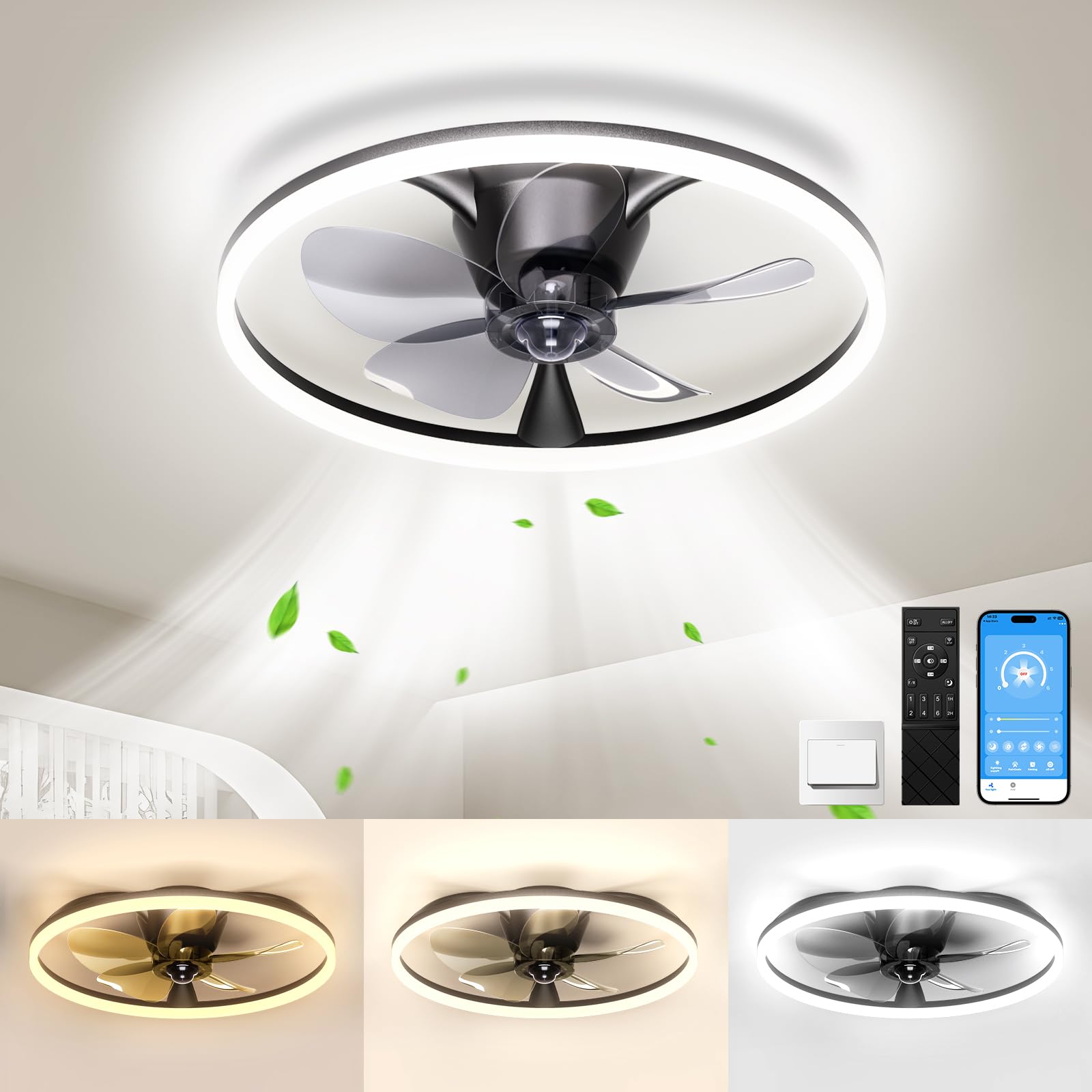 Ceiling Fans with Lights and Remote, 20'' Flush Mount Ceiling Fan of 150° Ultra Wide, Low Profile Ceiling Fan with 6 Speeds, 3000-6500K Dimmable Led for Bedroom Livingroom, Black