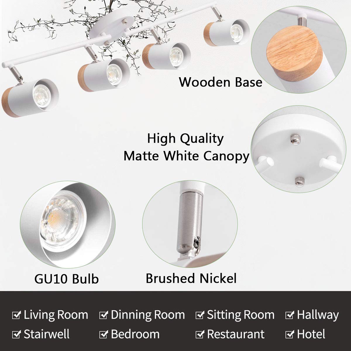 Modern 4 Light Track Lighting 32 inch, Natural Solid Wood, Flexible Arm,GU10 Bulb Socket,Adjustable Track Heads Light Fixture for Kitchen,Dining Room,Living Room,White