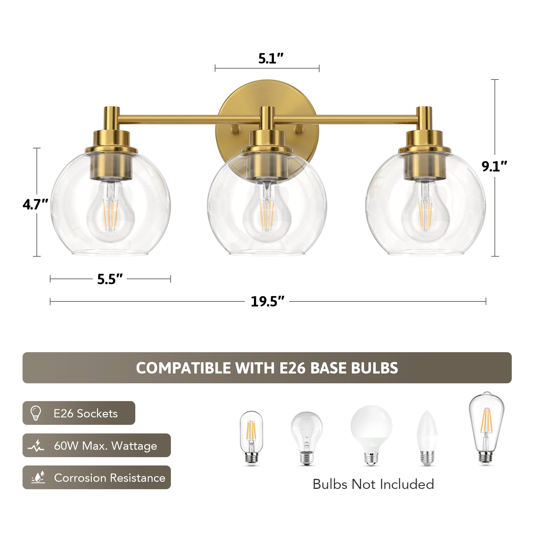 Bathroom Light Fixtures, 2-Light Bathroom Vanity Light with Globe Glass Shades E26 Sockets, Bathroom Lights Over Mirror for Bedroom Hallway Living Room, Gold Finish