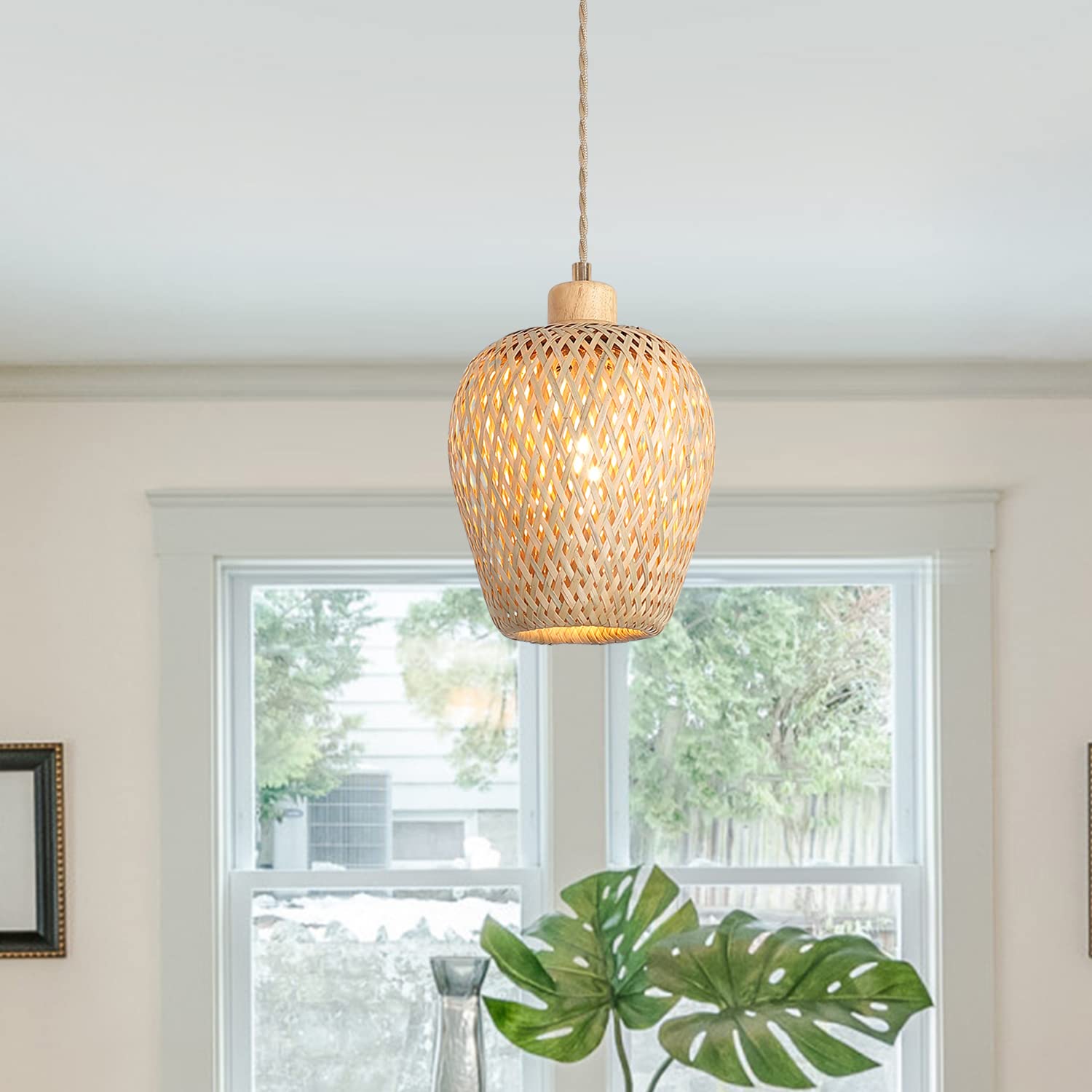 Bamboo Pendant Light Fixture One-Light Adjustable Boho Basket Handmade Woven Mini Pendant Lighting for Kitchen Island Sink Farmhouse Home