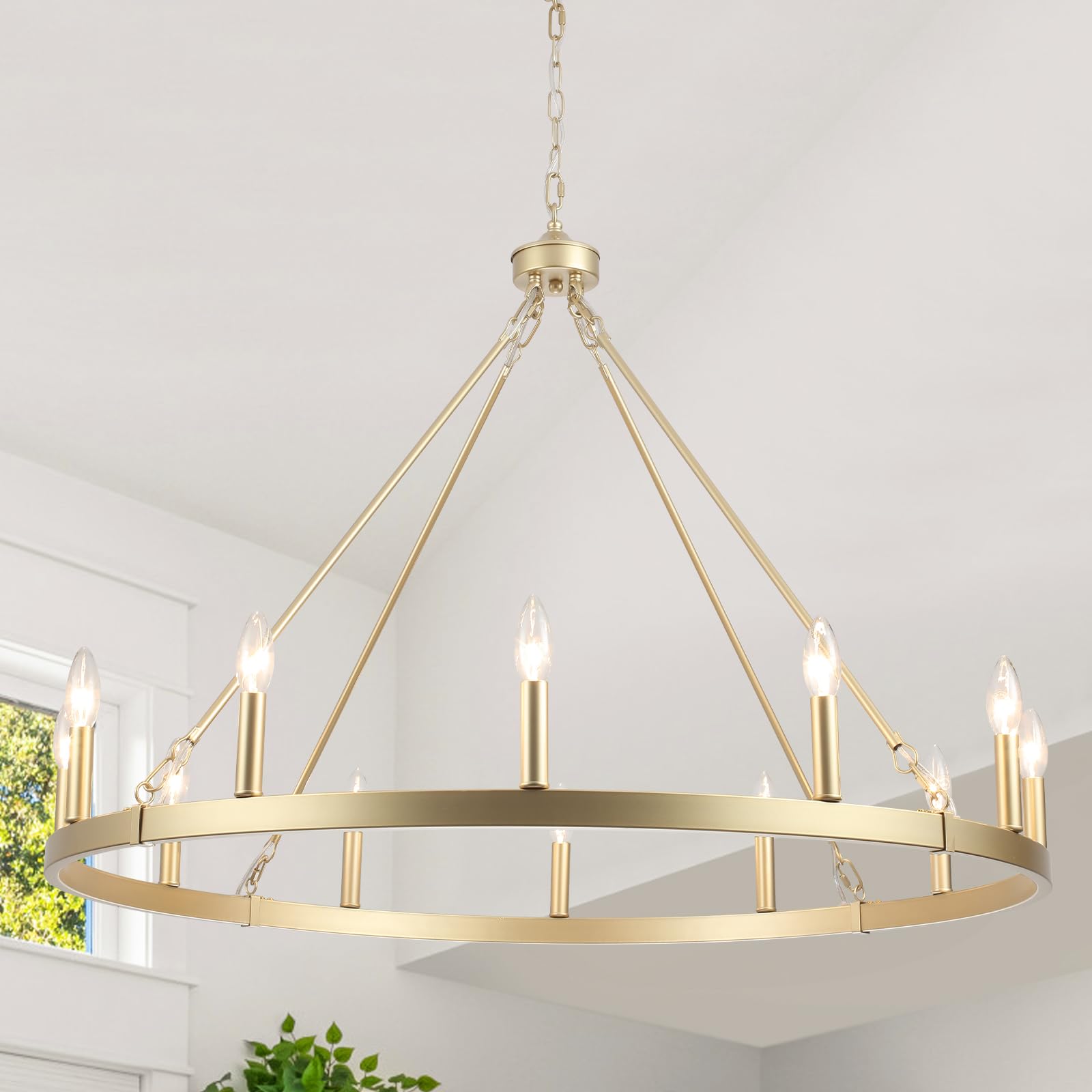 12-Lights Gold Wagon Wheel Chandelier 28" Large Gold Farmhouse Chandelier Vintage Circle Light Fixture for Dining Room Kitchen Island Height Ceiling Living Room