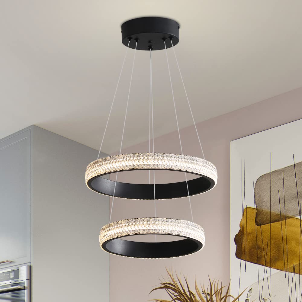 Modern LED Chandelier Dimmable 2 Ring Gold Pendant Light Acrylic 34W 4000K Height-Adjustable Modern Chandelier for Dining Room Living Room Bedroom Kitchen Island Foyer Stairway