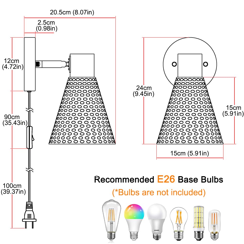 White Plug in Wall Sconces Set of 2, Modern Wall Light with Plug in Cord, Wooden Plug in Wall Lamps with Hammered Metal Shade, Corded Wall Sconce Light Plug in for Bedroom, Living Room, Hallway
