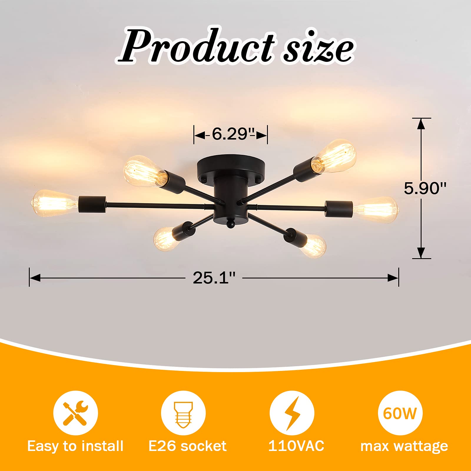 6 Lights Sputnik Semi Flush Mount Ceiling Light Matte Black Modern Edison Chandelier Industrial Close to Ceiling Light for Farmhouse Dining Room Kitchen Bedroom Living Room Study