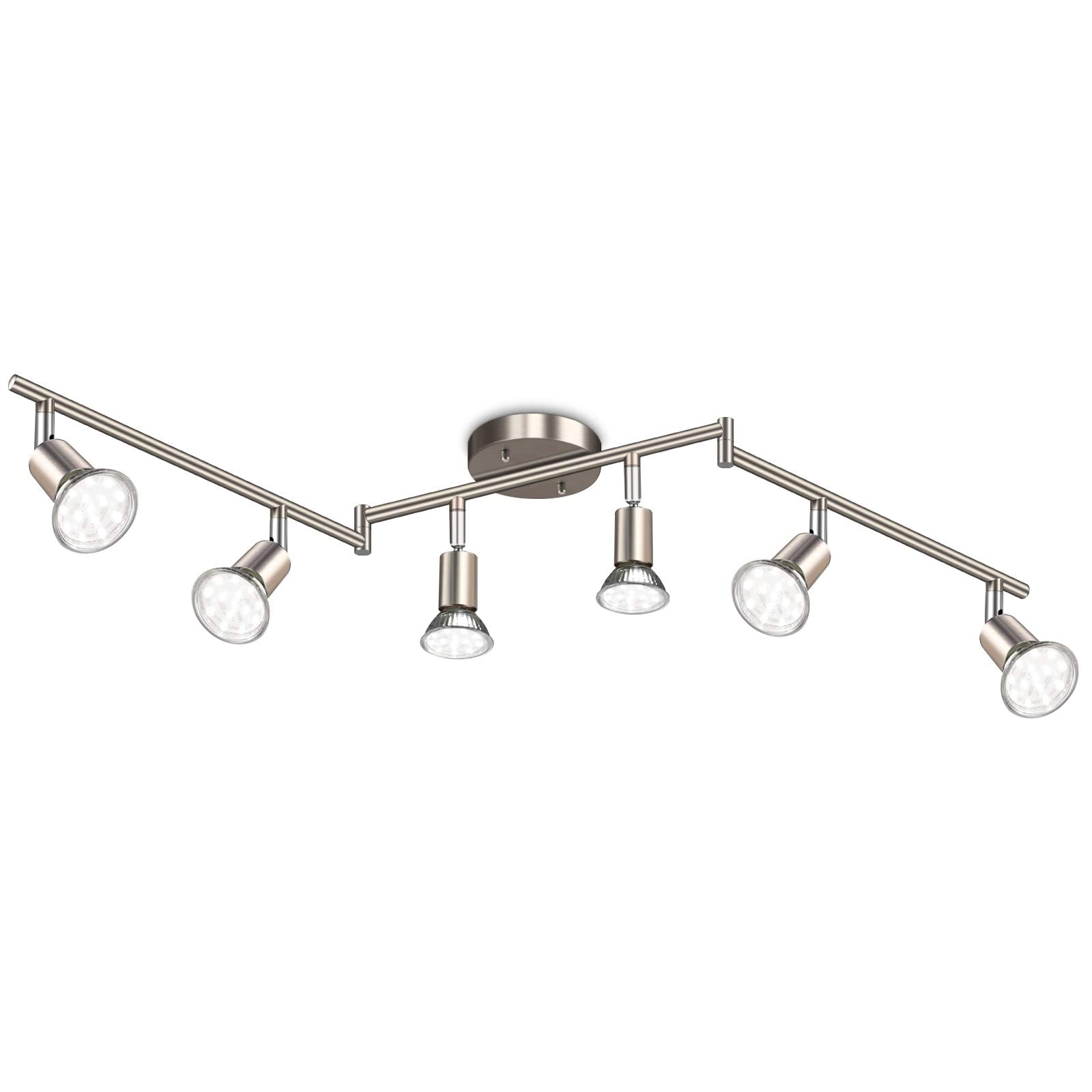 4-Light LED Track Lighting Kit, Flexibly Rotatable Light Heads, 4 Way Ceiling Spotlight Matt Nickel Finish, Including 4 GU10 LED Bulbs (4W 400LM Daylight White 5000K)