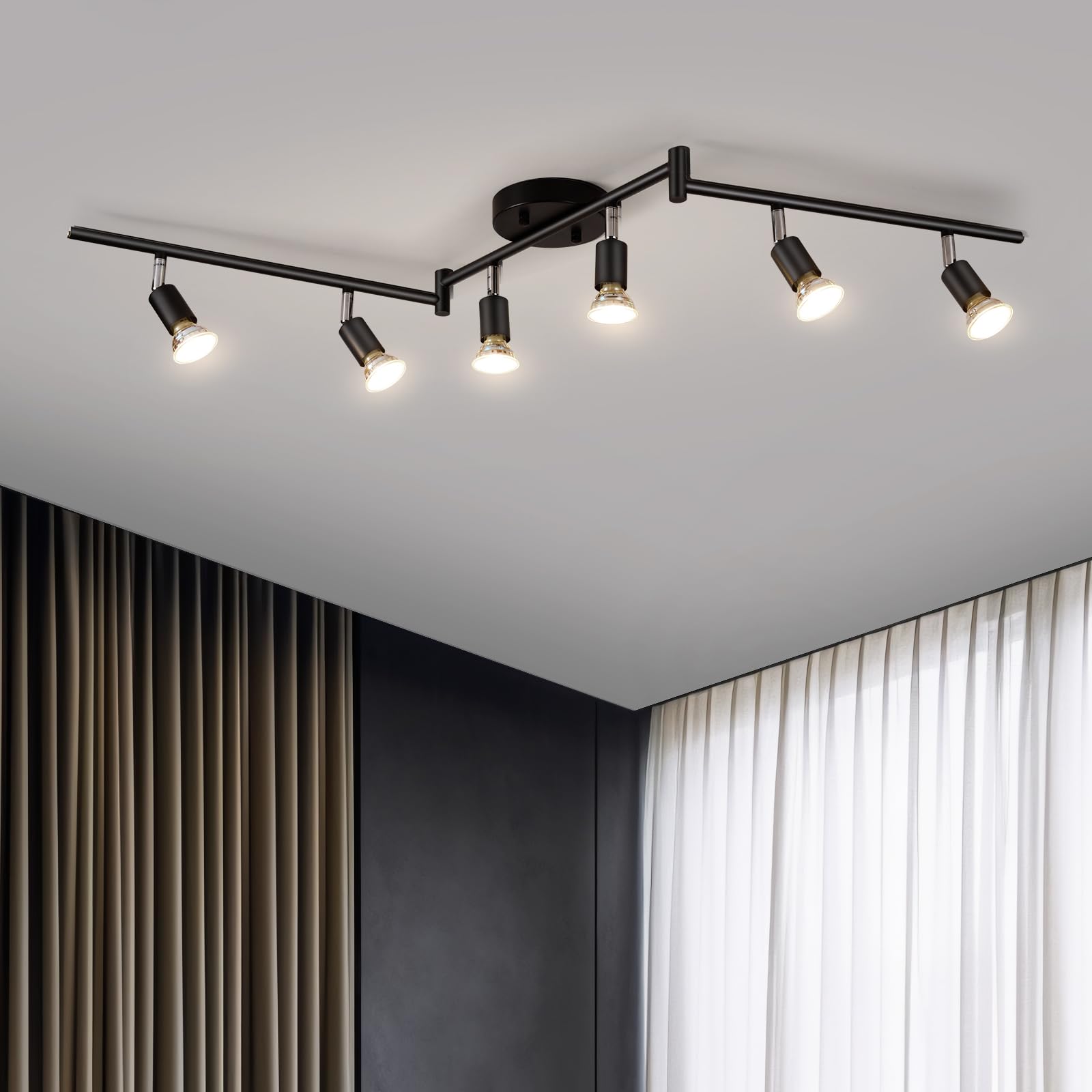 6 Light LED Track Lighting Kit, Ceiling Spot Lighting with Adjustable Light Heads & Foldable Light Arms, Matte Black Kitchen Track Lighting (GU10 Socket, Bulbs Not Included)