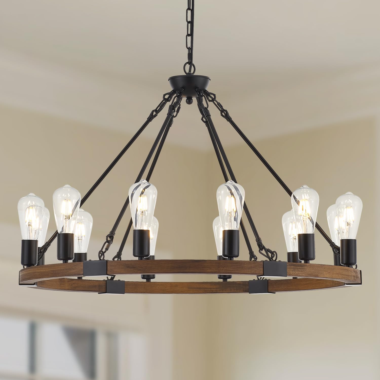 12 Lights 31.5'' Wooden Wagon Wheel Chandelier Farmhouse, Rustic Black Metal Ceiling Pendant Chandelier Vintage Round Wood Chandeliers for Living Dining Room Entryway Foyer High/Low Ceiling