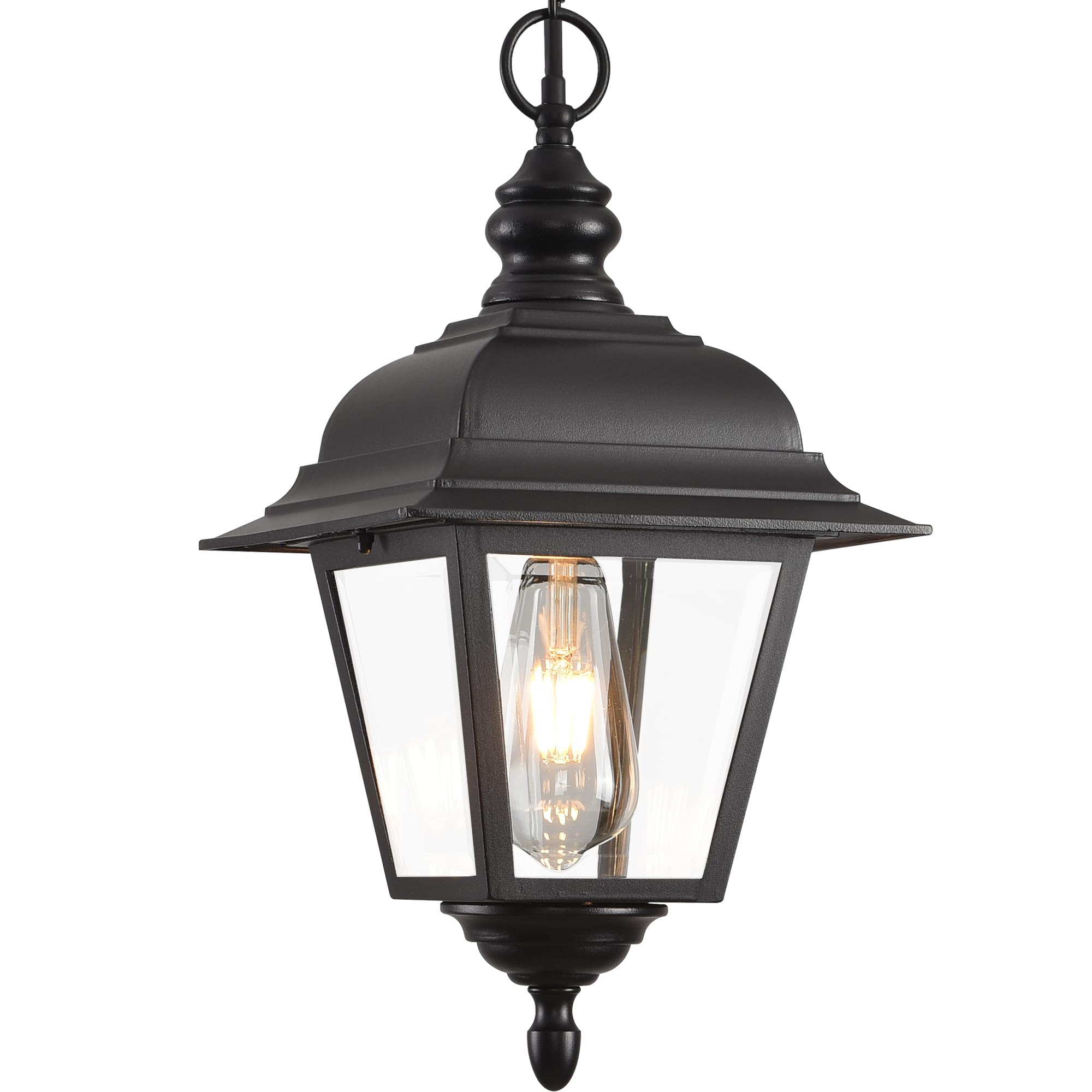 Large Outdoor Pendant Light, 3-Light Outdoor Chandelier, Retro Exterior Hanging Lantern, Hanging Outdoor Light Fixture for Porch, Seeded Glass Sheet with Matte Black Finish