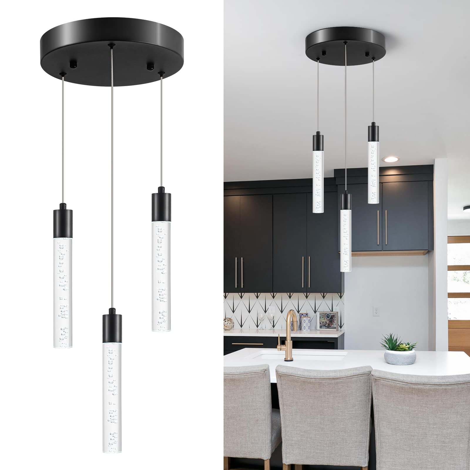 Modern Pendant Lighting 5-Light Linear Chandeliers Dimmable LED Pendant Lights Kitchen Island Lighting with Matte Black Finish and Acrylic Shades for Kitchen Island and Dining Room…