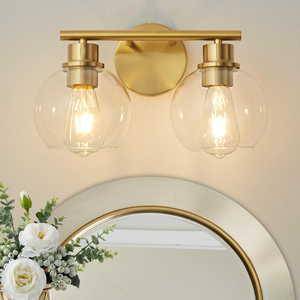 Bathroom Light Fixtures Over Mirror 2-Lights Bathroom Vanity Light with Clear Glass Shade 13.8 inch Brass Gold Vanity Light Wall Sconce Vanity Light Bathroom Light for Bath