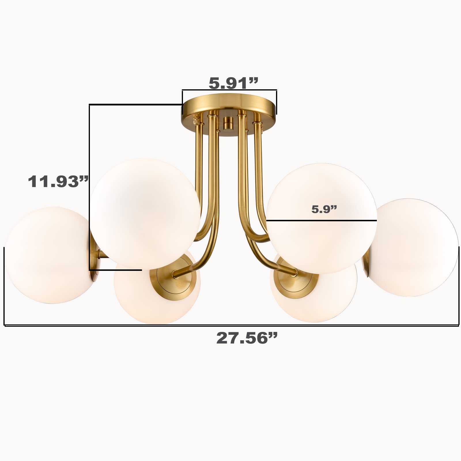 Modern Brass Gold 3-Light Ceiling Light with Globe White Glass Shade Semi Flush Mount Ceiling Light for Living Room Hallway Sputnik Chandelier Lighting Fixture