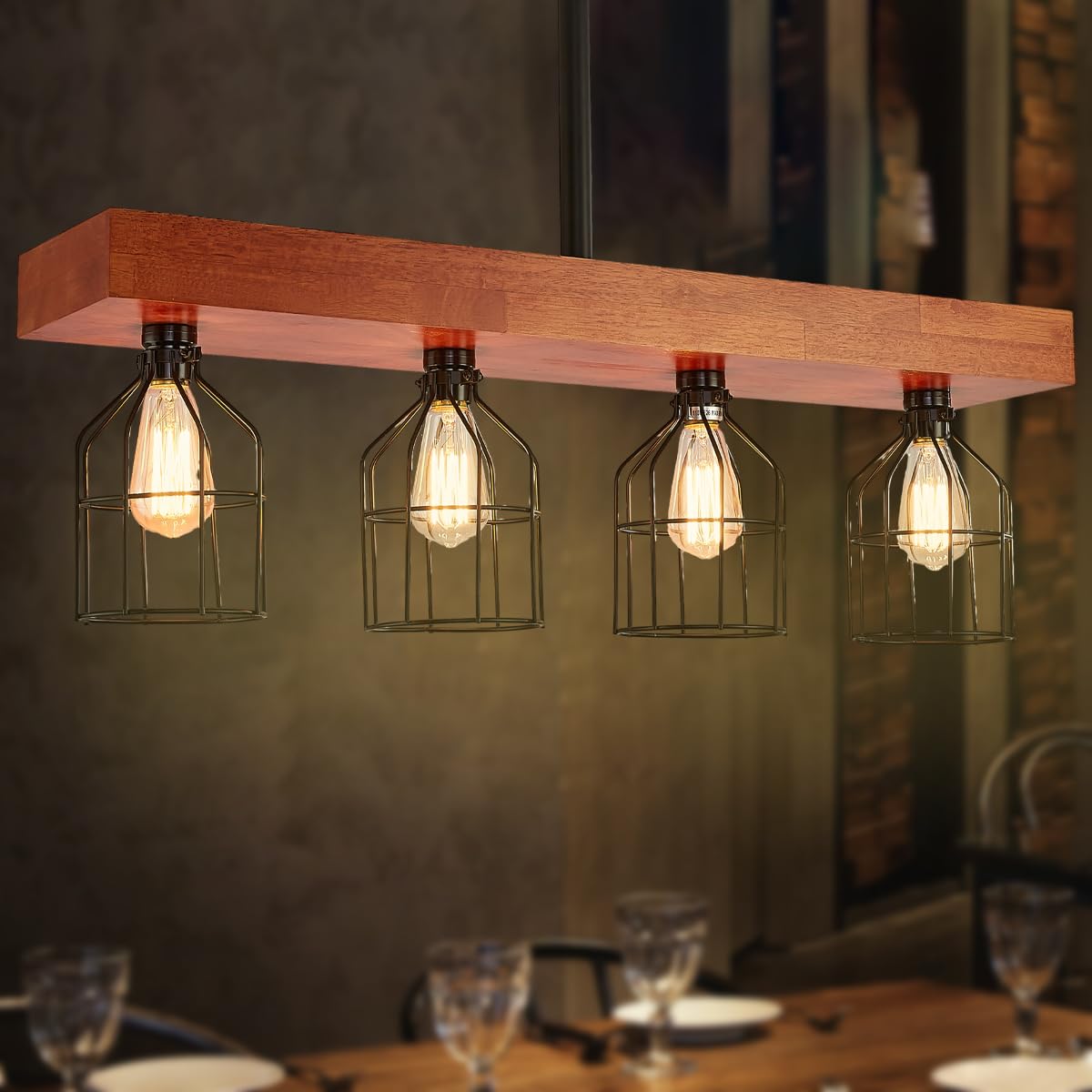 Rustic Chandelier Farmhouse Rustic Light Fixtures for Dining Room Kitchen Island, Industrial Wooden Hanging Lights Ceiling Light Fixture for Game Room Bar Coffee Pool Table (8-Light)