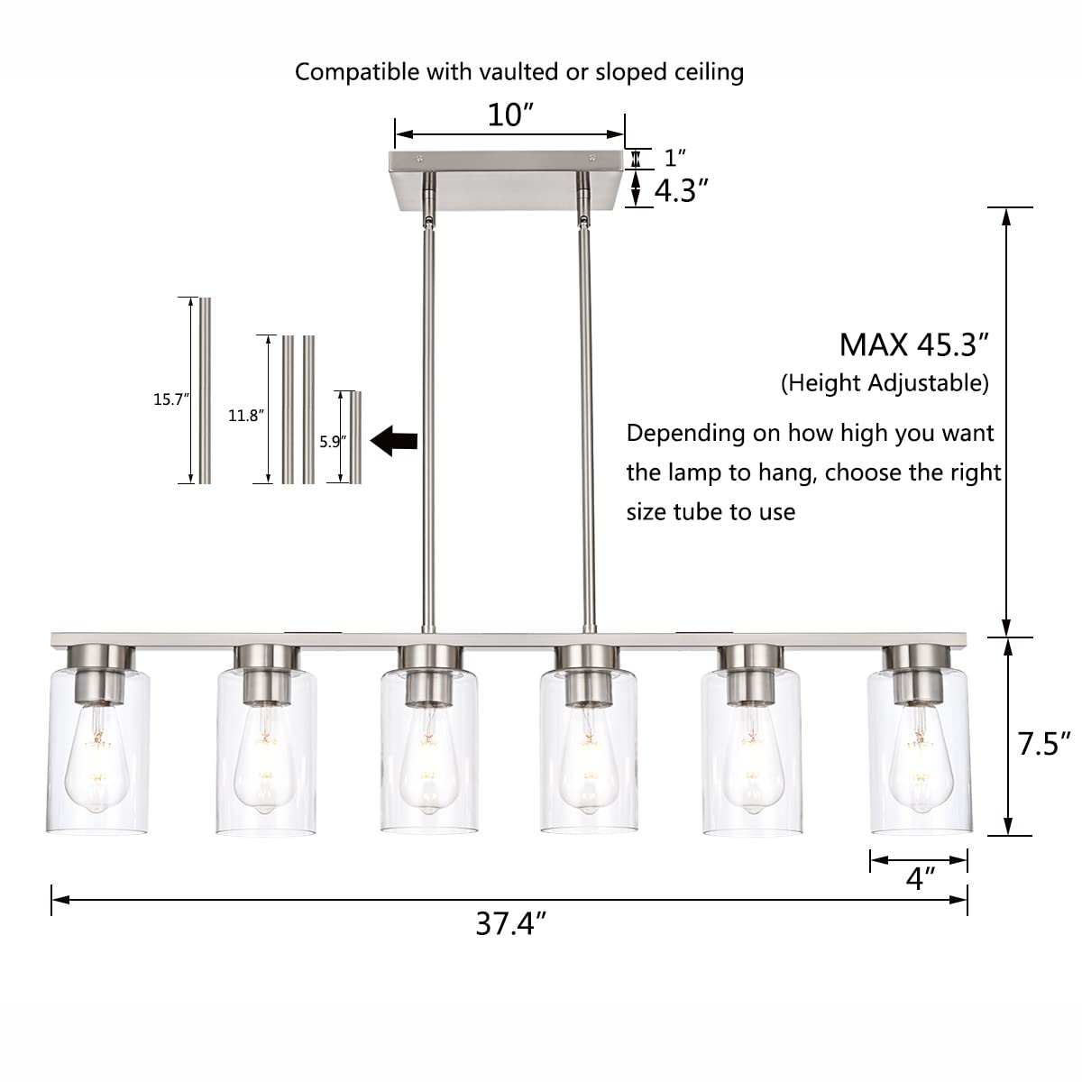 Modern Linear Farmhouse Chandelier, 6-Light Brush Nickel Kitchen Island Pendant Light with Glass Shade Fixture for Dining Room Foyer Bar Pool Table (Nickel)