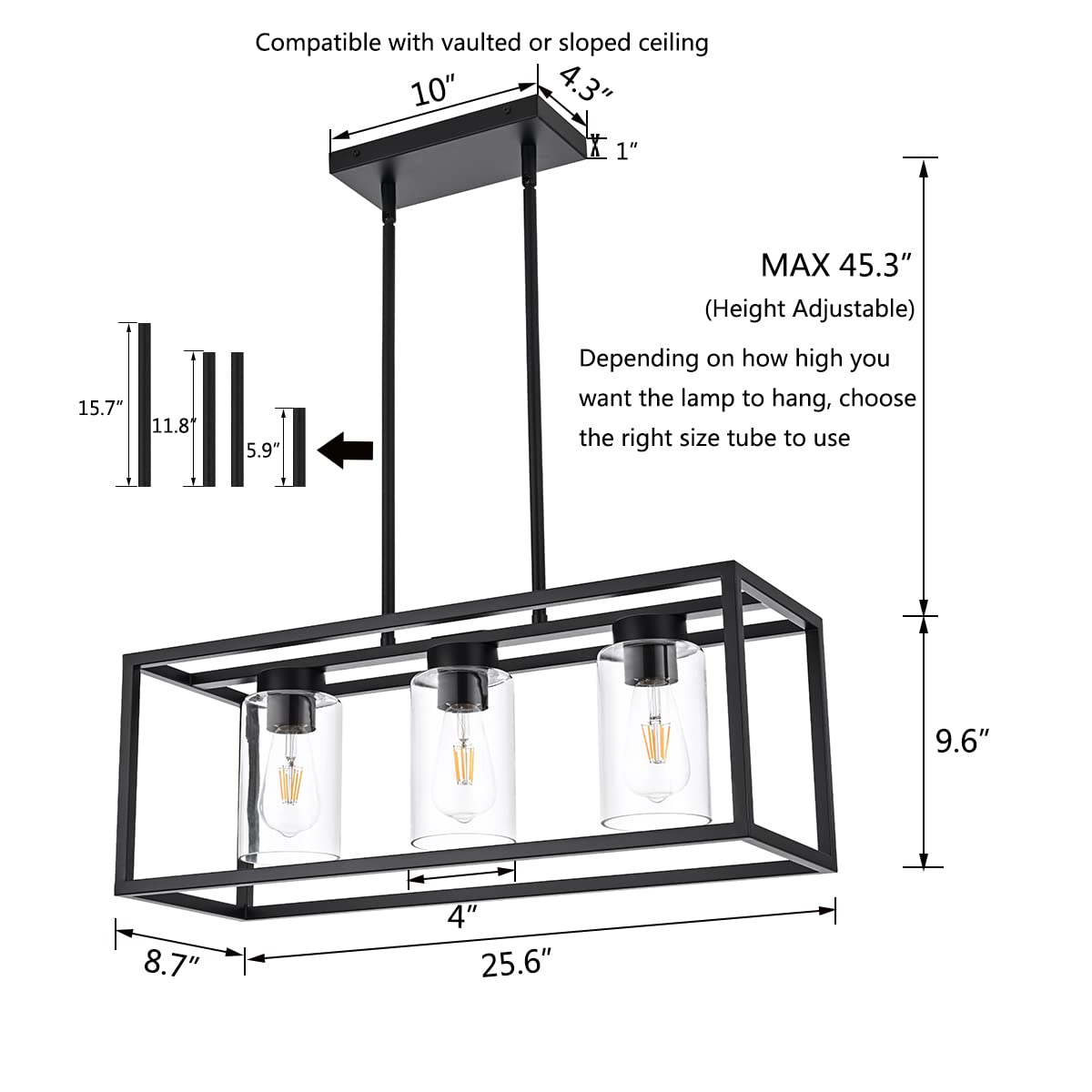 Farmhouse Chandelier for Kitchen Island, Matte Black 5-Light Dining Room Lighting Fixtures, Modern Rectangular Pendant Lighting Chandelier with Clear Glass Shade