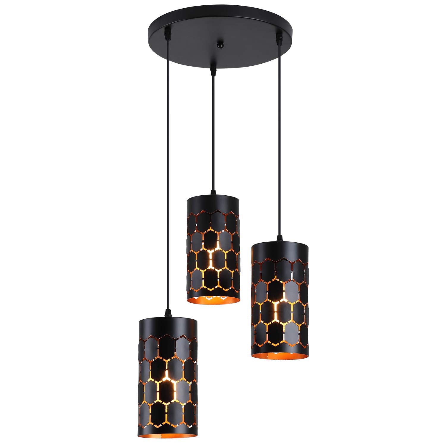 3-Light Modern Kitchen Island Lighting with Cylindrical Metal Cage, Industrial Round Base Multi Pendant Light Fixture for Dining Room Living Room Farmhouse, Gold Inner and Black