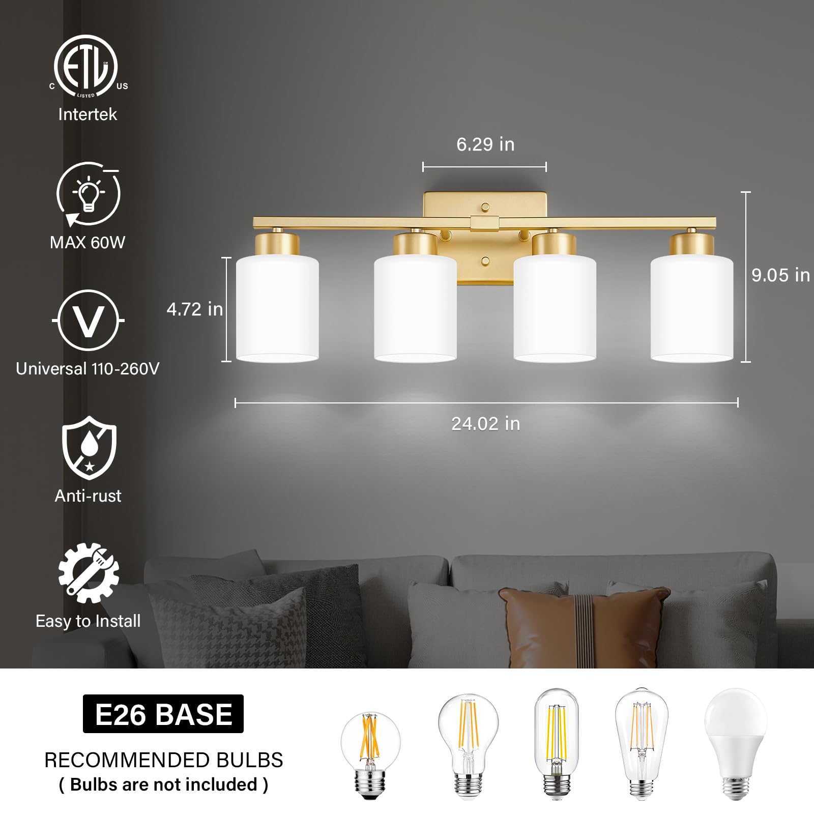 Brushed Nickel Bathroom Light Fixtures, 3-Light Modern Vanity Light Over Mirror, Wall Sconces with Milky White Frosted Glass Shades, E26 Socket (Bulbs Not Included)