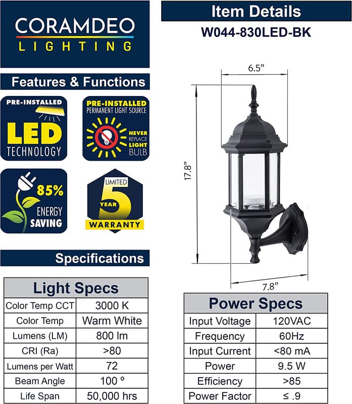 Small Straight Hex Pendant Mount LED Lantern for Porch, Patio, Deck, Damp Location, Built in LED Gives 75W of Light from 9.5W of Power, Durable Cast Aluminum with Black Finish & Clear Glass