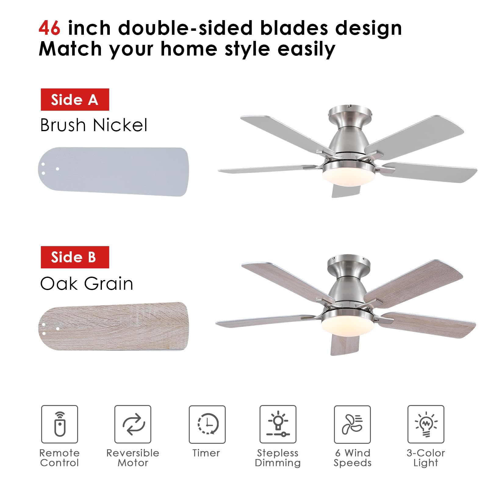 Ceiling Fans with Lights- 46"Low Profile Indoor Ceiling Fan with Light and Remote/APP Control, Flush Mount, LED Dimmable DC Reversible Modern Ceiling Fan for Bedroom（Black）