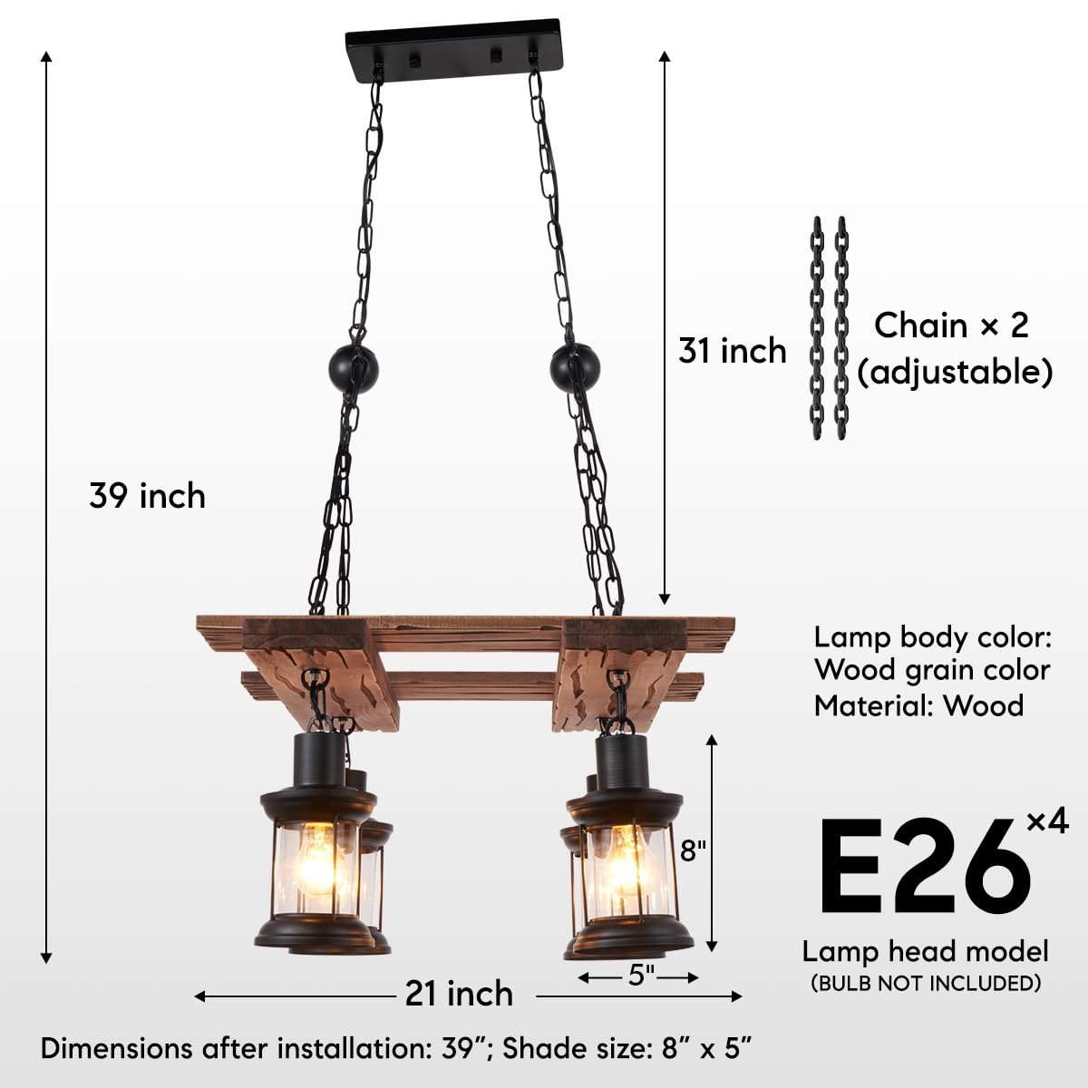 8 Lights Industrial Retro Wooden Chandelier Pendant Light Island Hanging Ceiling Fixture Vintage Farmhouse Wood Light Adjustable Chain for Home Cafe Bar Restaurant (39.4")