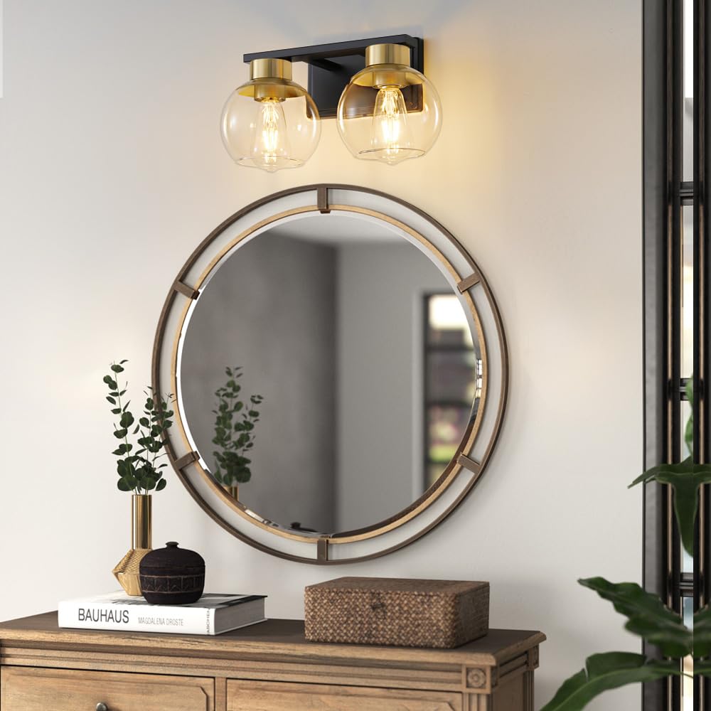 2 Light Black and Gold Vanity Lights for Bathroom Light Fixtures Over Mirror 13.7 in Clear Glass Shade Industrial Wall Sconce