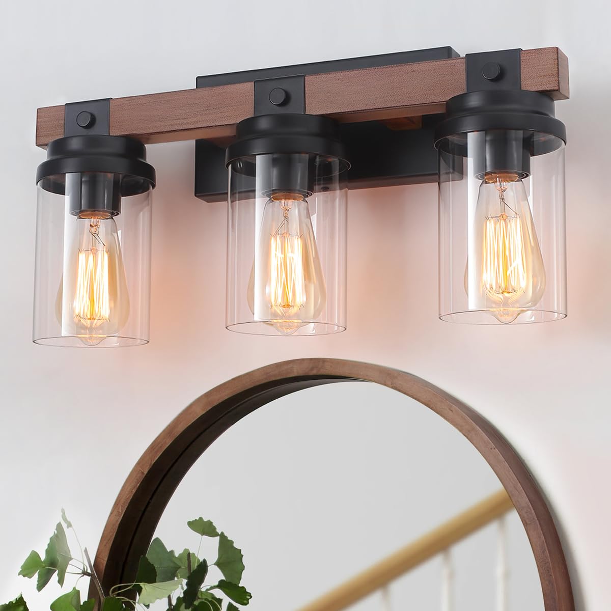 2-Light Farmhouse Vanity Lights for Bathroom, Rustic Bathroom Light Fixtures with Pretty Glass Shade, Black Industrial Wood Grain Wall Sconce for Bathroom Hallway Bedroom