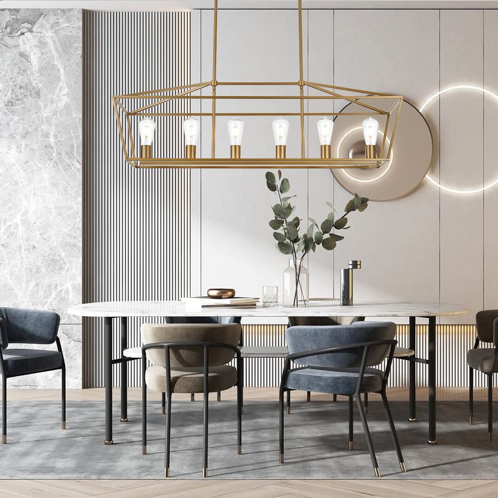 Modern 4 Light Farmhouse Chandelier Gold Linear Kitchen Island Pendant Light Traditional Rectangular Dining Room Lighting Fixture Hanging Metal Cage Pendant Lamp for Hallway Foyer