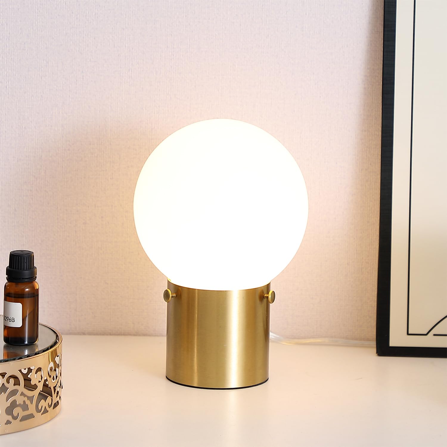 Gold Table Lamp for Nightstand with Frosted Glass Globe Lamp Shade, Mid Century Modern Bedside Lamp with Gold Metal Base, Small Nightstand Lamp Side Table Lamp for Bedroom Living Room Entryway