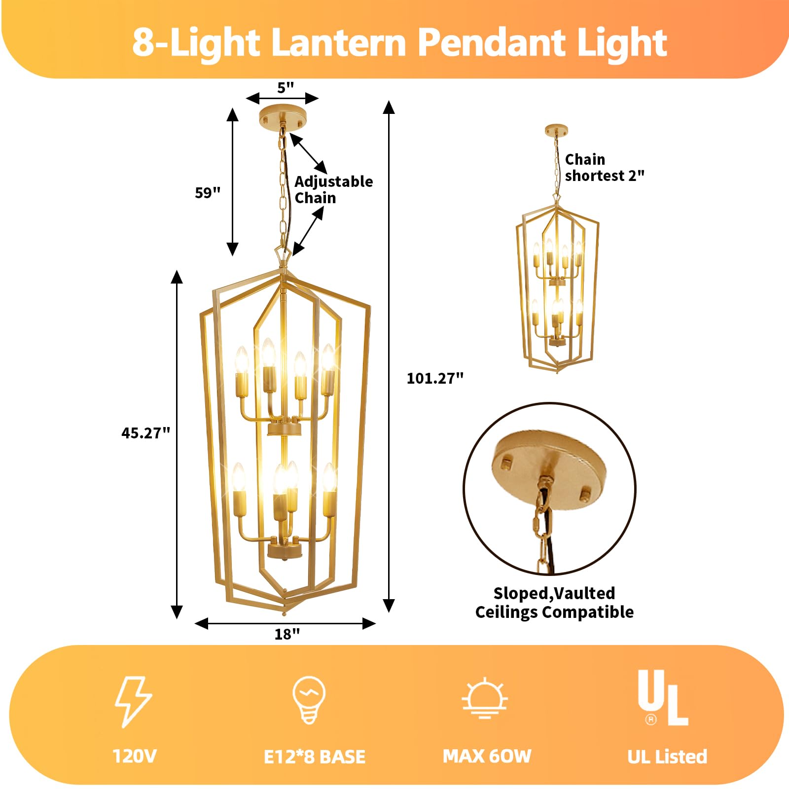 4-Light Lantern Pendant Light, 18.1" Gold Kitchen Pendant Light, Modern Geometric Chandelier, Adjustable Chain Cage Hanging Pendant Light Fixture for Bedroom, Kitchen Island, Foyer, Entrance