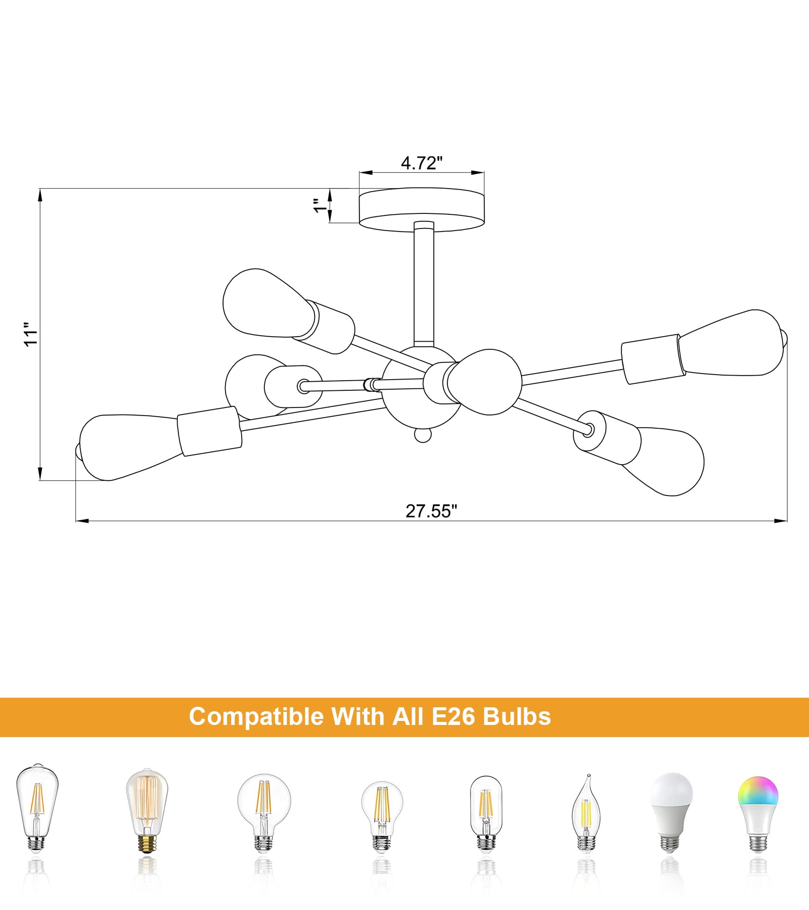 Gold Modern Sputnik Chandelier Ceiling Light Fixtures,6-Lights Industrial Metal Semi Flush Mount Ceiling Light for Bedroom Dining Room Living Room Kitchen Hallway UL Listed