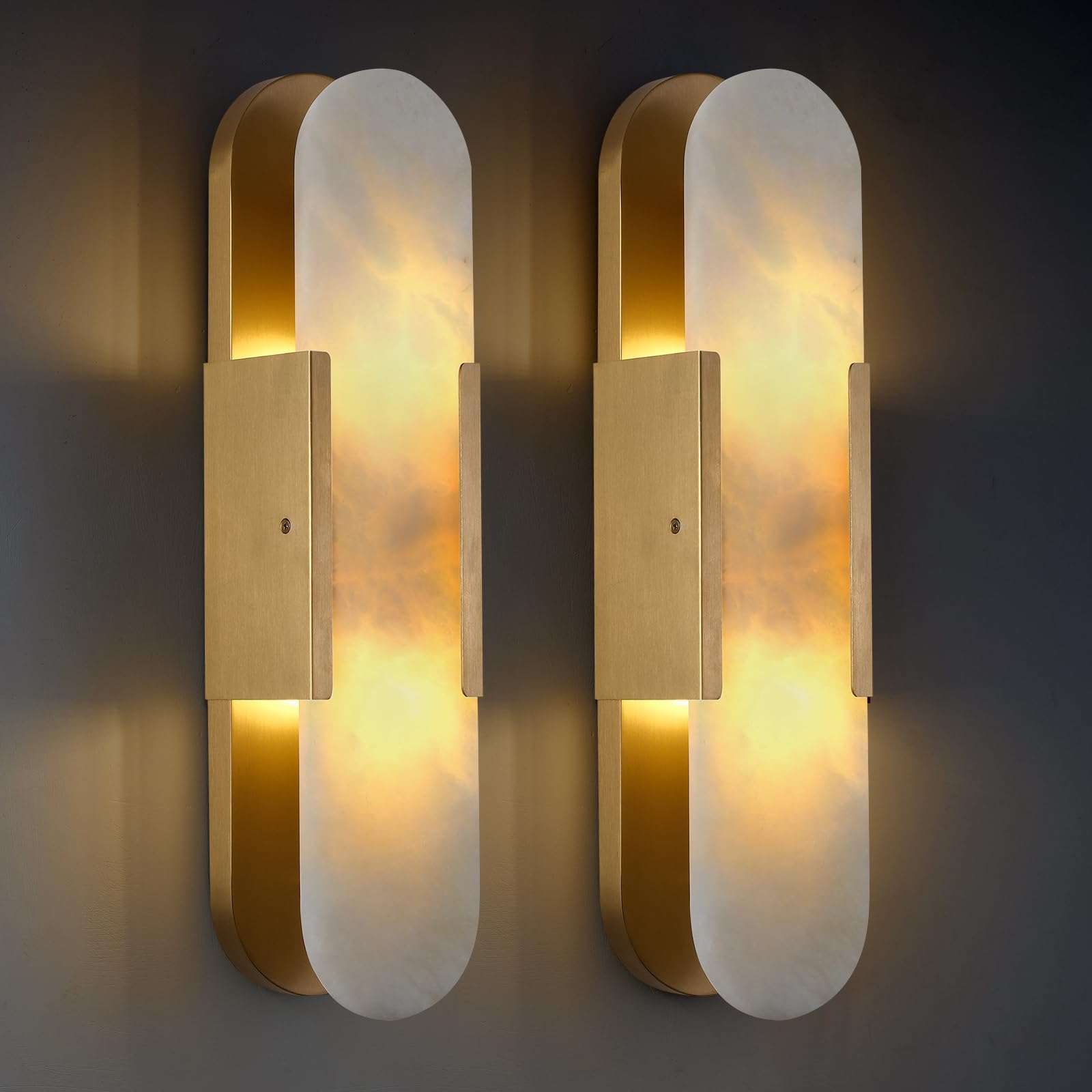 13.8 in Brass Alabaster Wall Sconces, Natural Marble Wall Sconces Set of Two Indoor Alabaster Sconces for Living Room Modern Alabaster Sconces Wall Lighting for Dining Room Stairs Bedroom