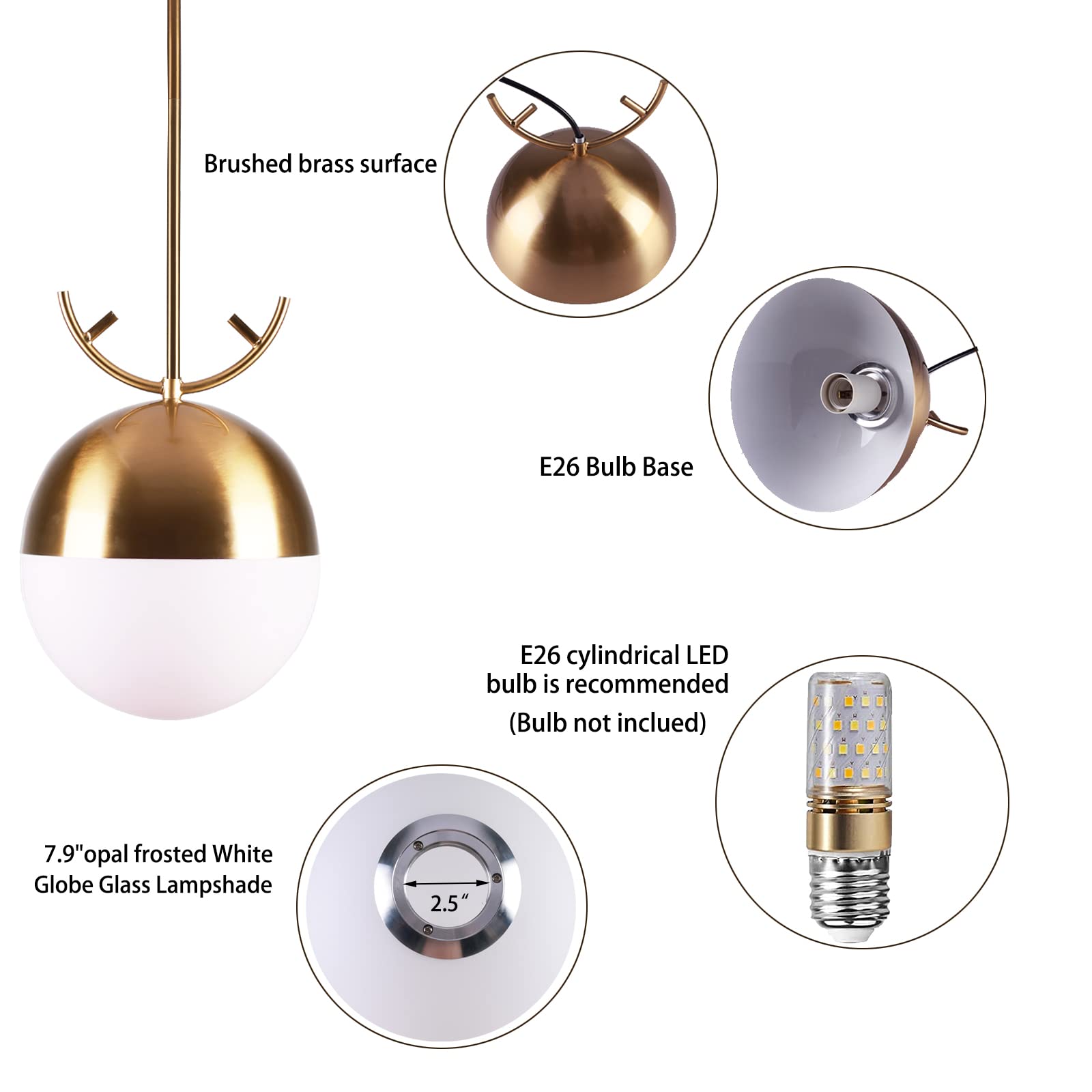 Modern Gold Globe Pendant Light Mid Century Chandelier 1-Light Brushed Brass Ceiling Hanging Lighting Fixture with White Globe Glass Lampshade for Kitchen Island Dining Room Bedroom (2 Pack)