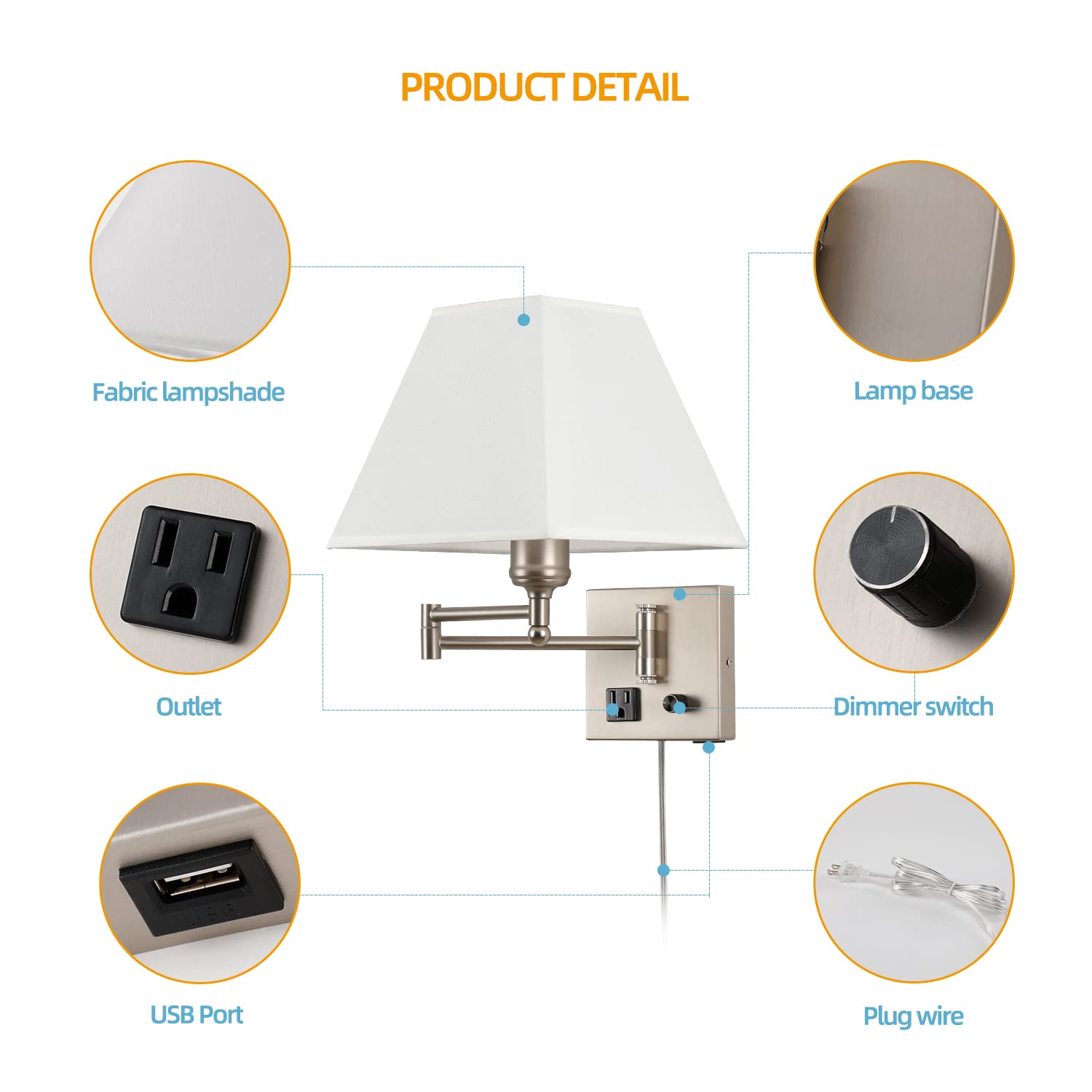 Plug in Wall Light,Swing Arm Wall Sconces with USB Port and Outlet,Wall Lamp with White Fabric Shade Dimmable Switch for Bedroom, Living Room , Office Nickel