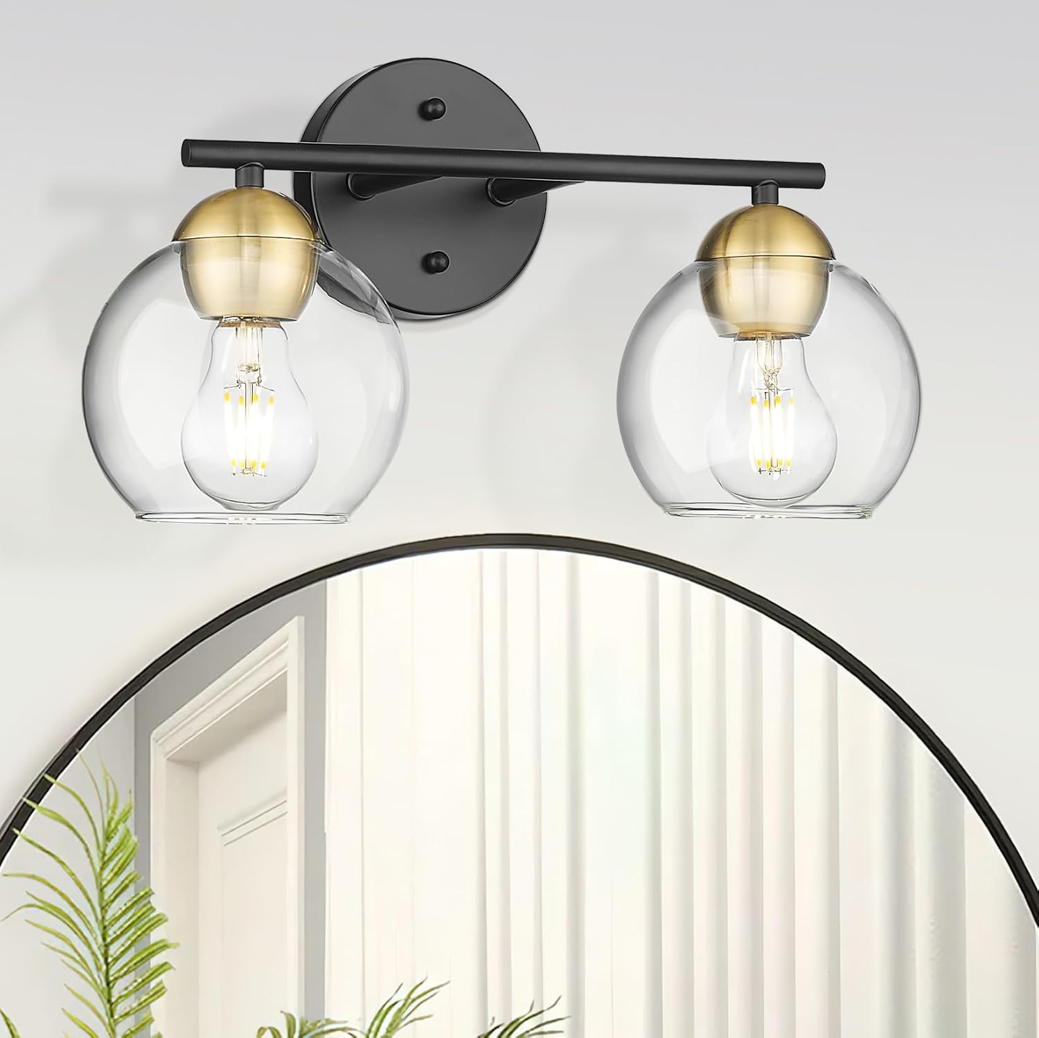 Black Vanity Lights for Mirror, Modern Farmhouse 2-Light Bathroom Light Fixtures Globe Bathroom Vanity Light with Milk Glass Shade, VL114-BK-ML-2