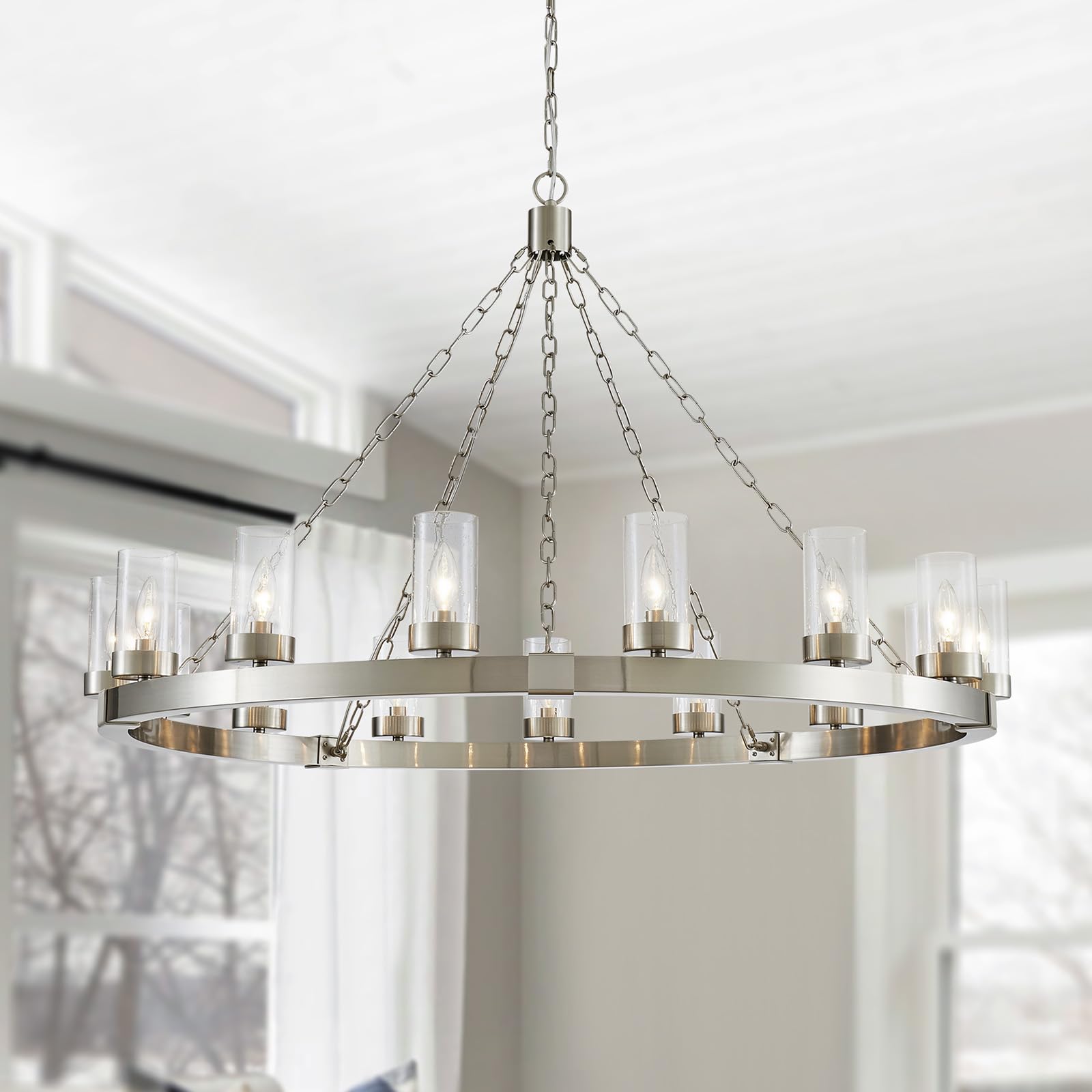 5-Light Wagon Wheel Chandelier Rustic Farmhouse Industrial Round Pendant Light Fixture with Clear Seeded Glass Shades for Dining Room Kitchen Island, H 20.5" x W 26.2", E12 Base, Gold