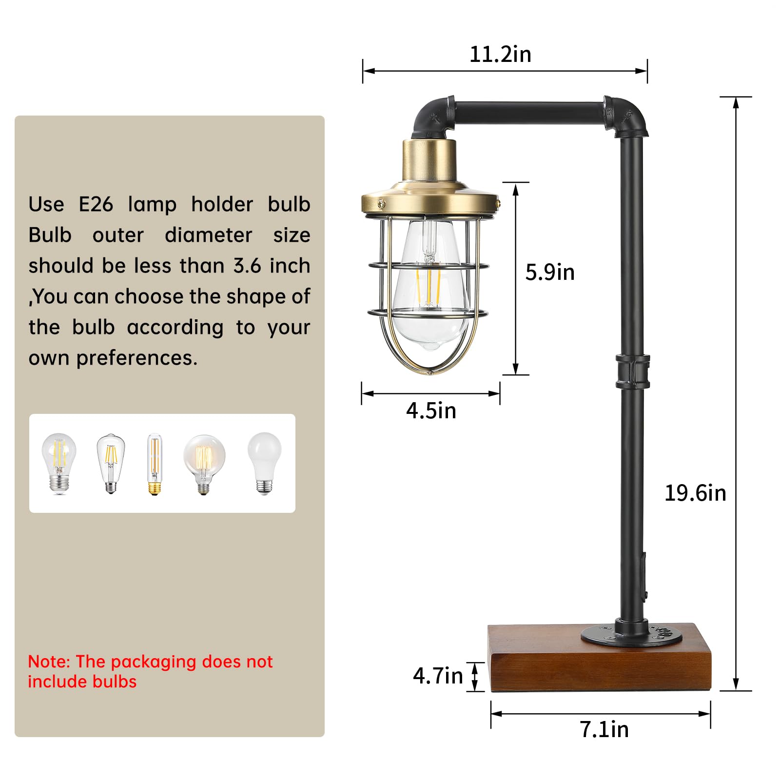 CONCA Industrial Steampunk Table Lamp, Edison Bulb, Metal, A-Black, 19.6x11.7x5.35 inches, 3 lbs, E26 Base, 800 Lumen, 120V