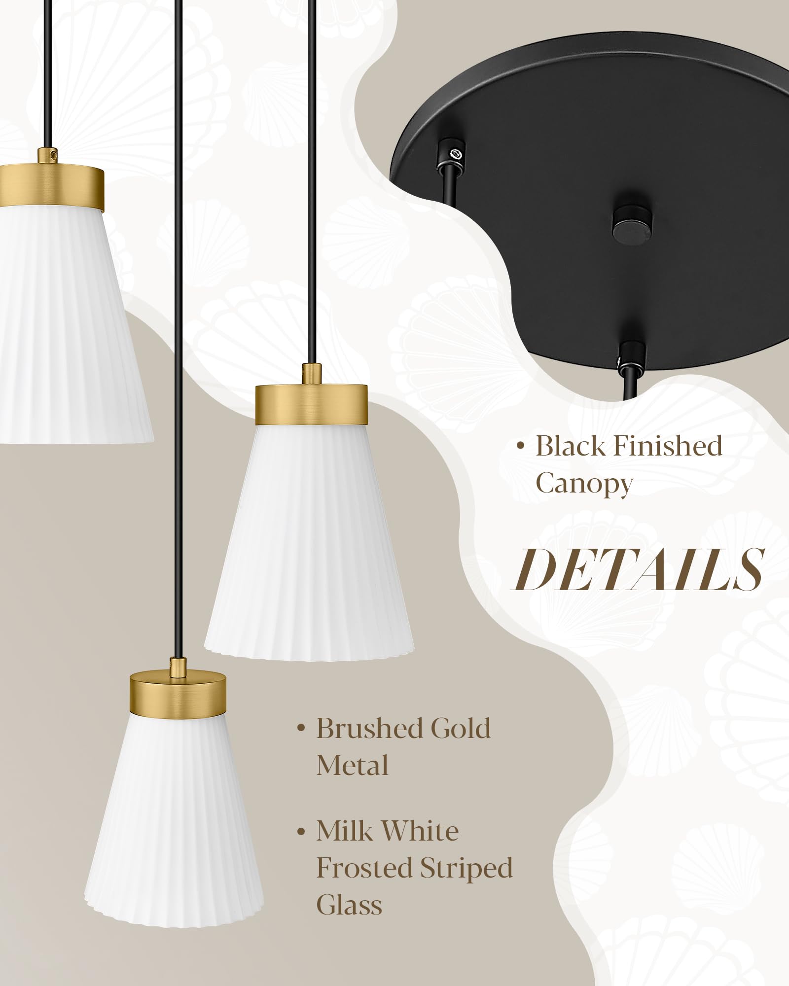 3-Light Pendant Lighting, HWH Modern Glass Pendant Lights Kitchen Island 3-Cluster, Adjustable Hanging Light Fixture Black Gold Finish Frosted Milk White Shade, 5HZG97-3 BK+BG