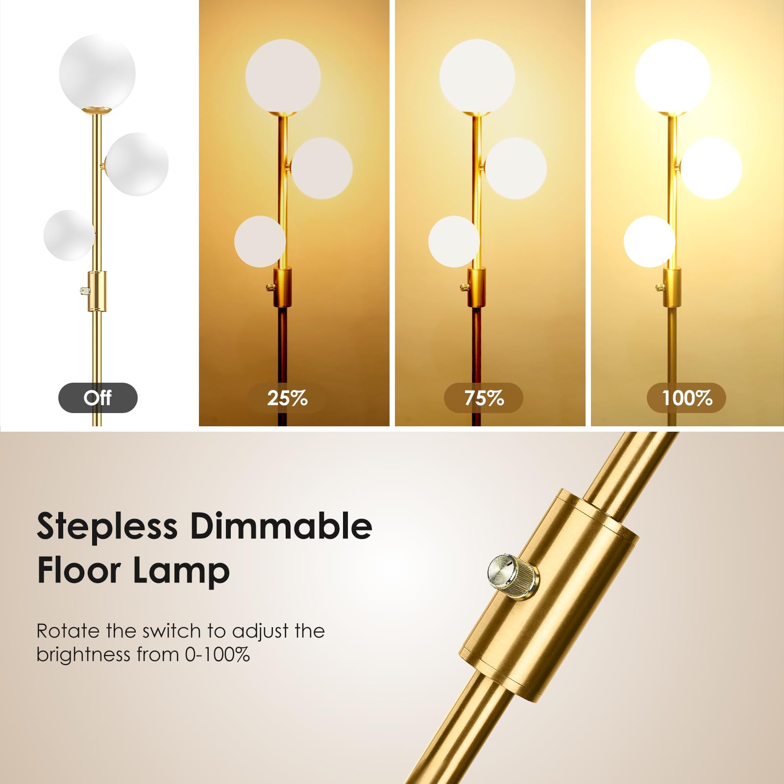 69" 3-Globe Mid Century Floor Lamp for Living Room, Modern Dimmable Tall Standing Lamp with Frosted Glass Shades, Contemporary Gold Pole Lamp for Bedroom Office, 3 LED Bulbs Included