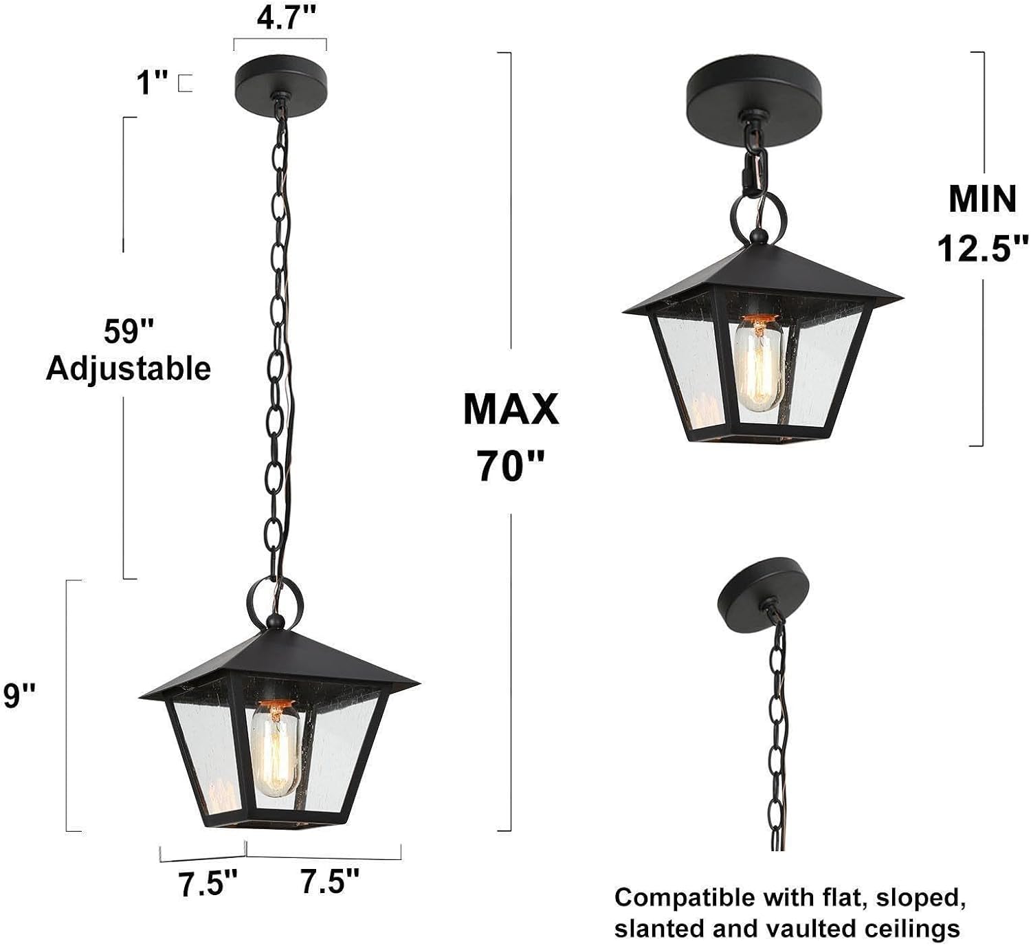 Outdoor Pendant Light for Porch, Black Outdoor Pendant Hanging Light with Seeded Glass Waterproof Exterior Light Fixture for House, Patio, Yard