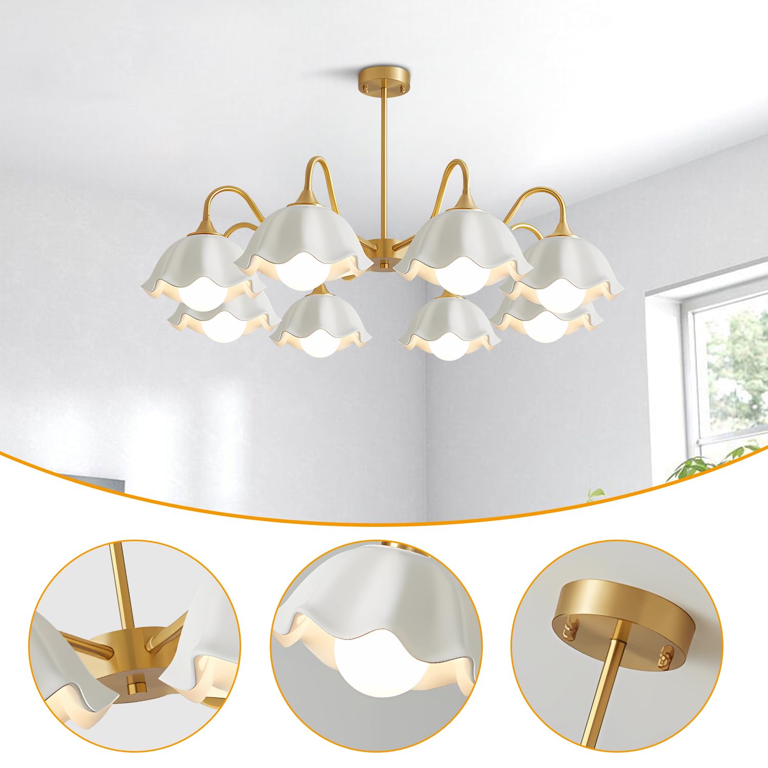 Mid Century 3 Light Sputnik Chandelier White Dome Glass Lampshade Nordic Retro Chandelier Ceiling Light Brass Finish Bedroom Pendant Light