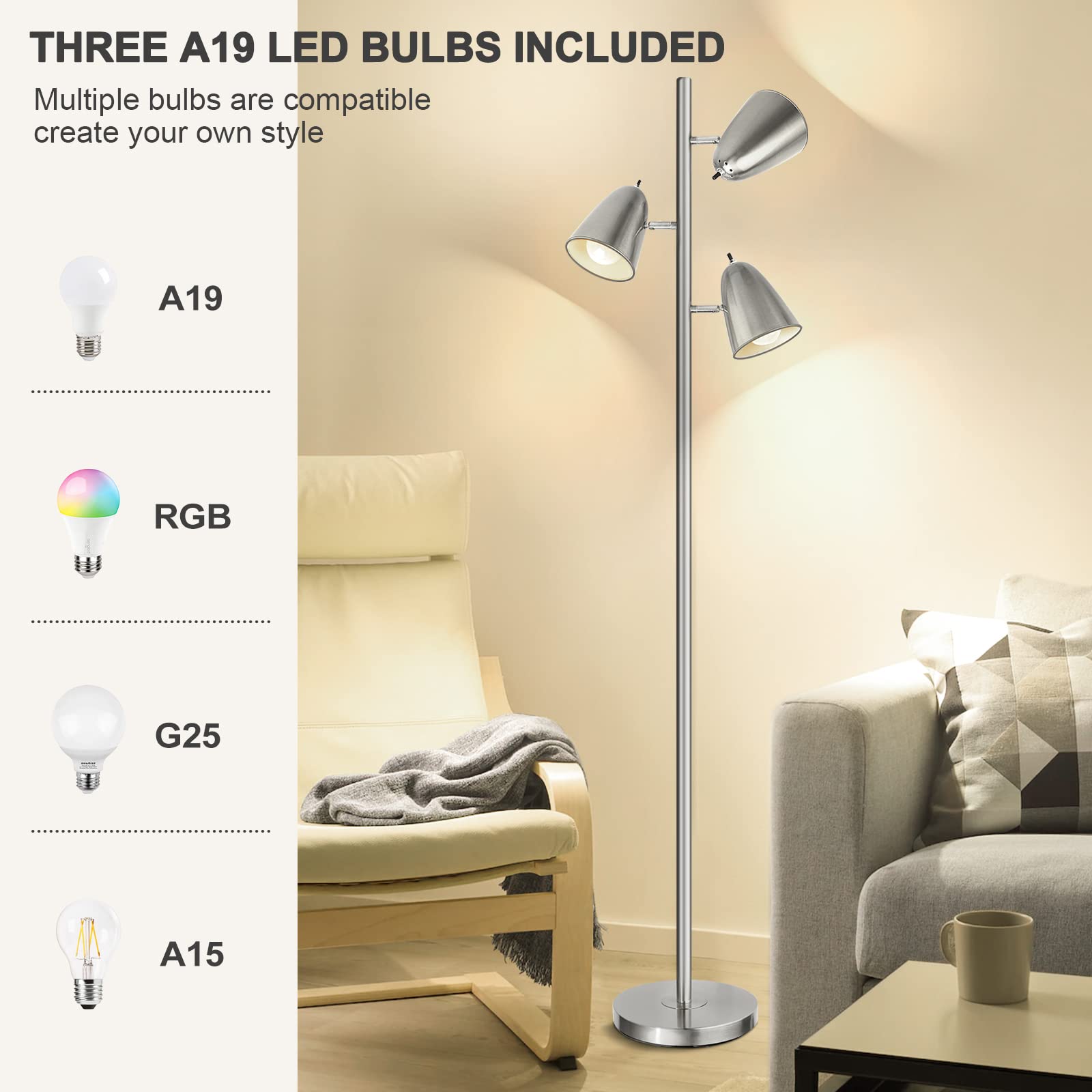 Tree Floor Lamp with 3 Light Bulbs, Standing Tall Pole Lamps for Living Room Bedroom Office, Reading Stand up Lamps with 3 Adjustable Arms, Brushed Gold