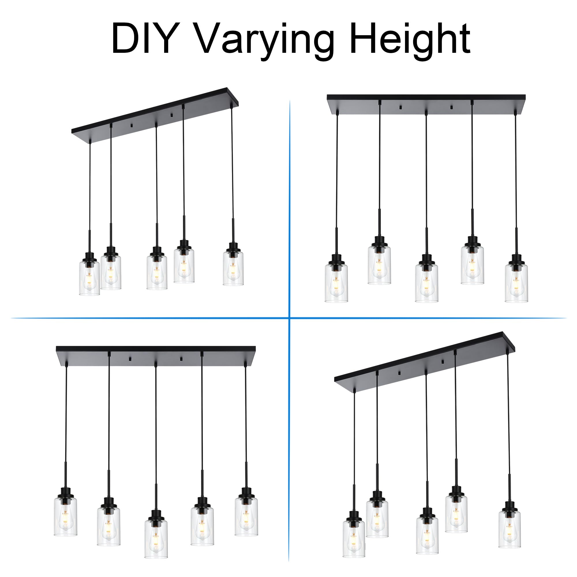 Black Pendant Lights for Kitchen Island, 5-Light Dining Room Light Fixtures Linear Chandeliers with Clear Glass Shade, DIY Hanging Lamp Ceiling for Dining Room Kitchen Bar