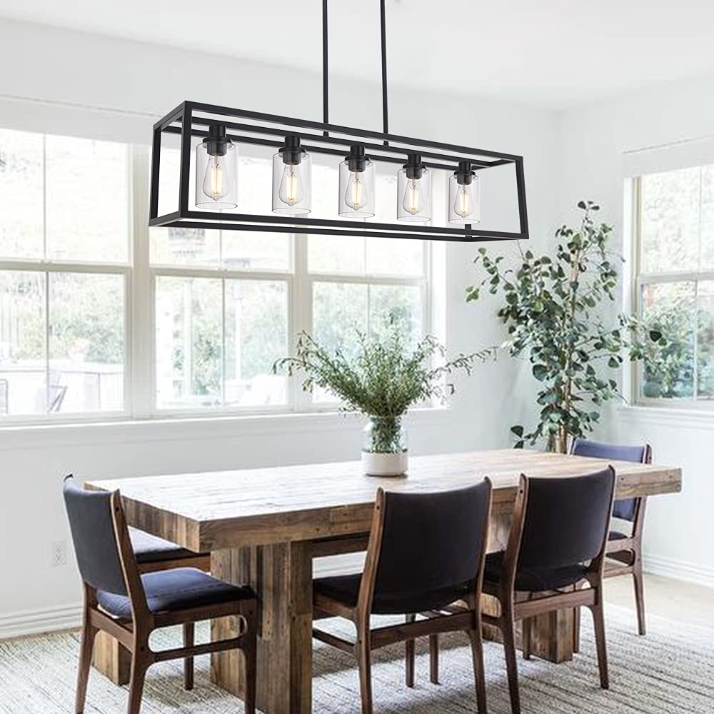 MELUCEE Black Chandeliers Rectangle 5 Lights Dining Room Lighting Fixtures Hanging Over Table, Kitchen Island Lighting Linear Pendant Light Ceiling with Clear Glass Shade and Brushed Brass Socket