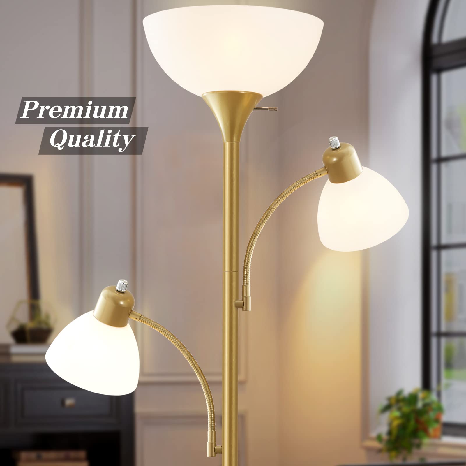 Floor Lamps for Living Room, 72" Tall Standing Lamps, Torchiere Lamp with 8W Adjustable Reading Lights, Modern Bright Floor Lamp for Bedroom, Office, Dresser, Gold&White, Bulbs Included