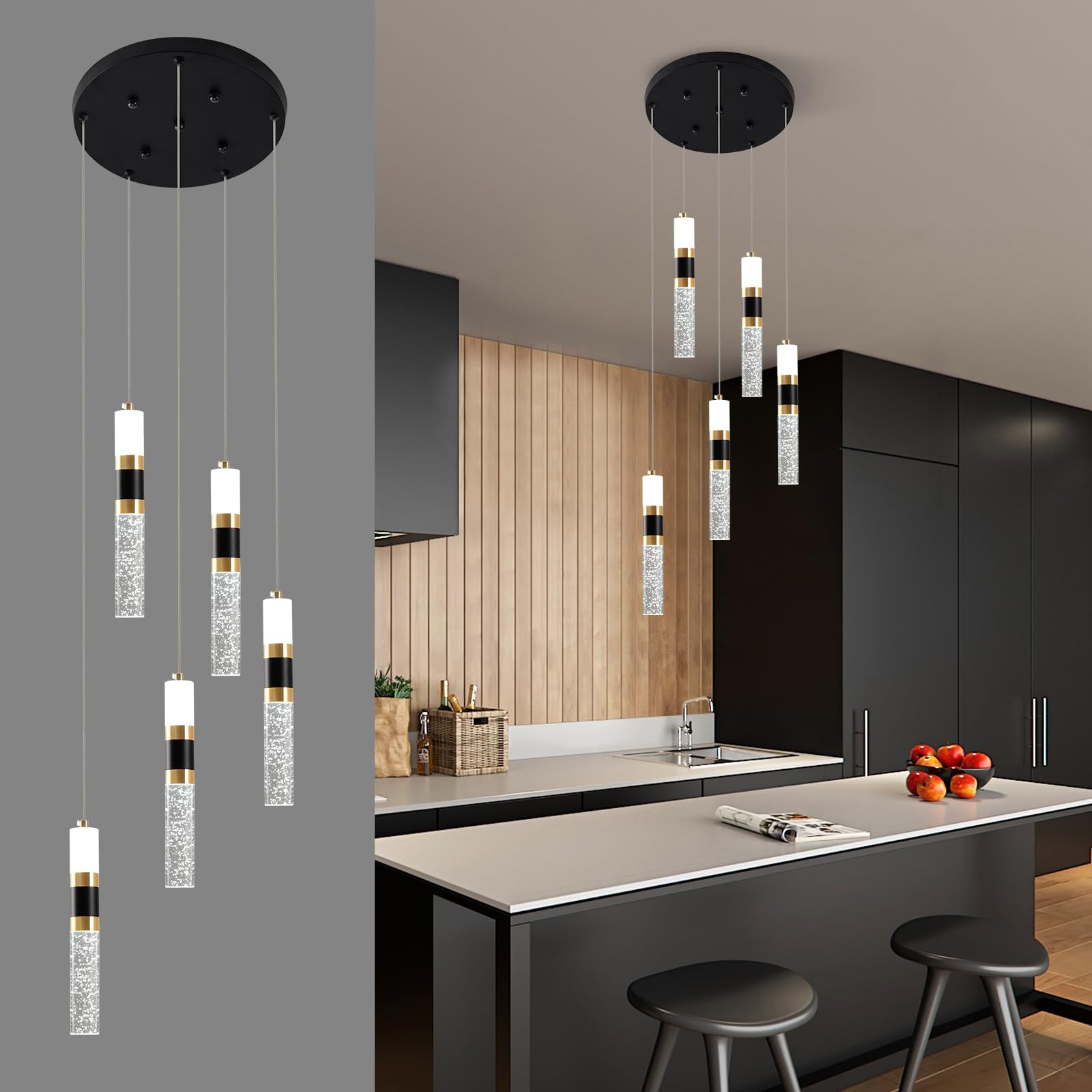 3-Light LED Pendant Lights Kitchen Island, 3-Light Cluster Pendant Lighting, Dimmable LED Modern Pendant Lights Kitchen Island, Pendant Lighting for Dining Room Table