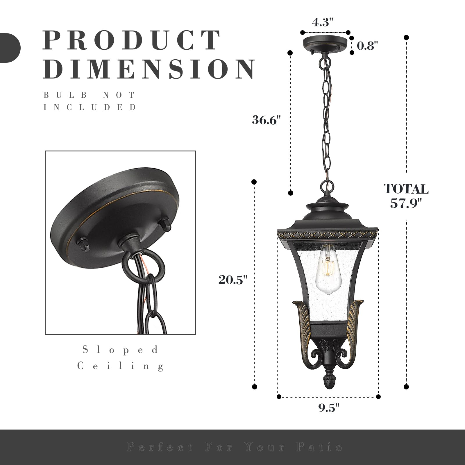 Farmhouse Outdoor Pendant Light for Porch, Outdoor Hanging Lamp for Patio Waterproof with Seeded Glass, Adjustable Height, XE291HM BG