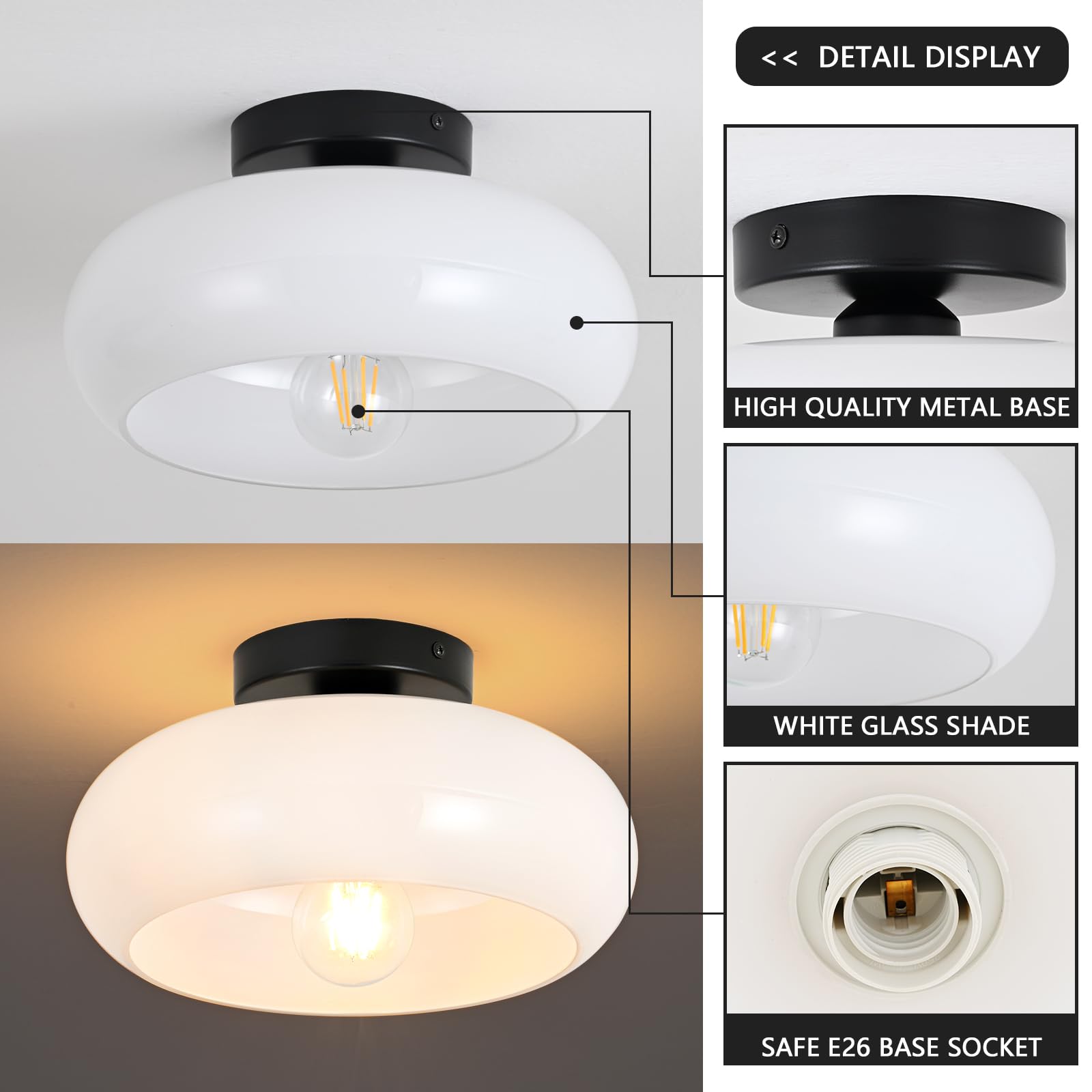 Mid-Century Modern Gold Semi Flush Mount Ceiling Light, Kitchen Ceiling Light Fixture with Glass Shade, Vintage White Close to Ceiling Lamp for Entryway Hallway Bathroom (8.66 Inch)